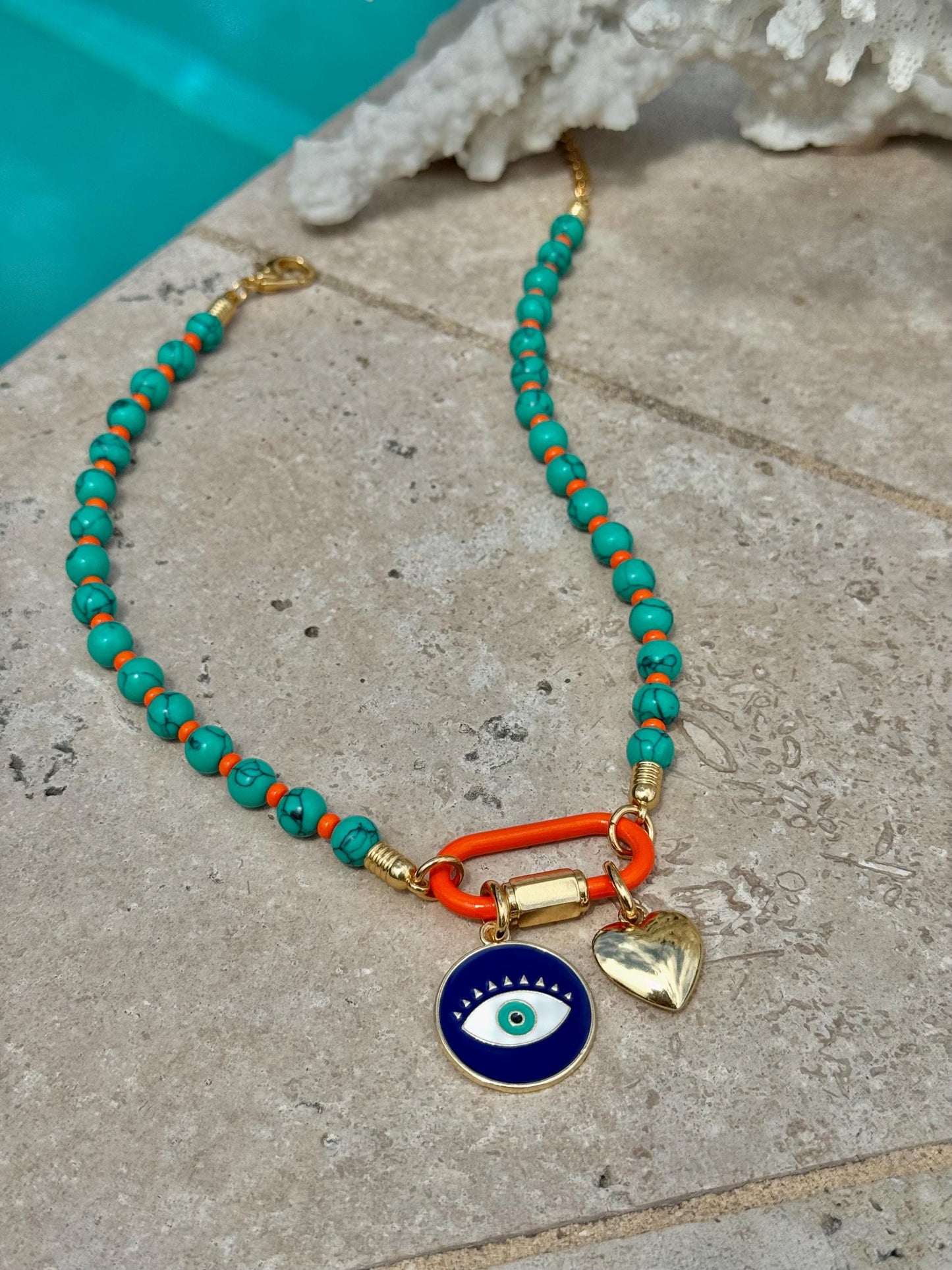 Evil Eye Carabiner Charms Necklace | Gemstone Carabiner Clasp Necklace | Colorful Beaded Summer Necklace | Gift for Her