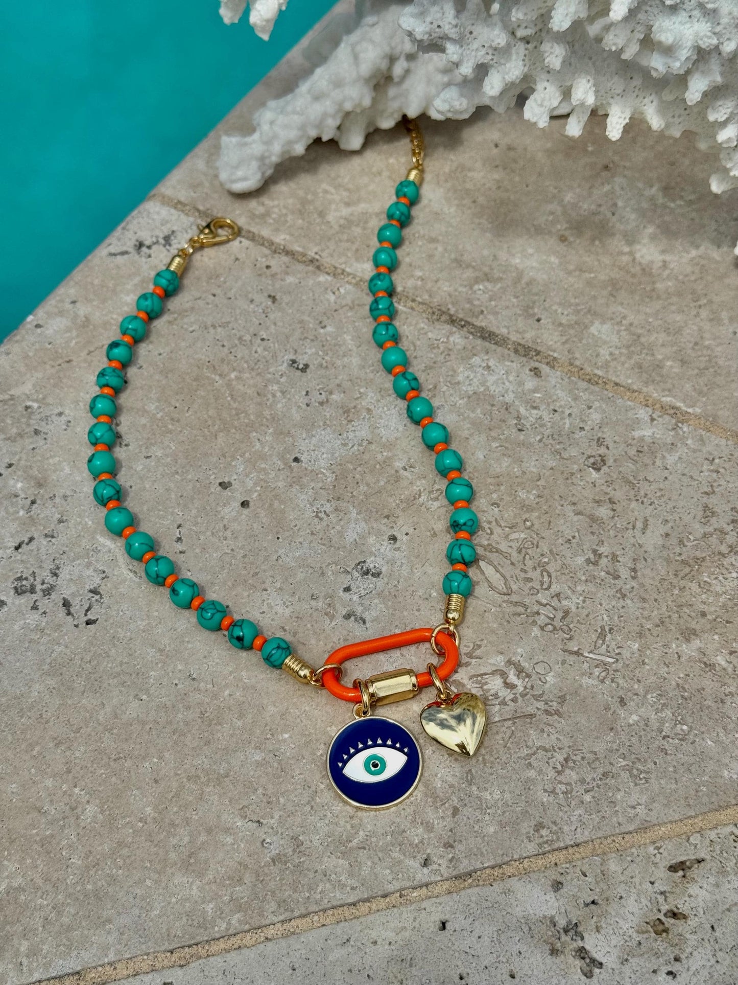 Evil Eye Carabiner Charms Necklace | Gemstone Carabiner Clasp Necklace | Colorful Beaded Summer Necklace | Gift for Her