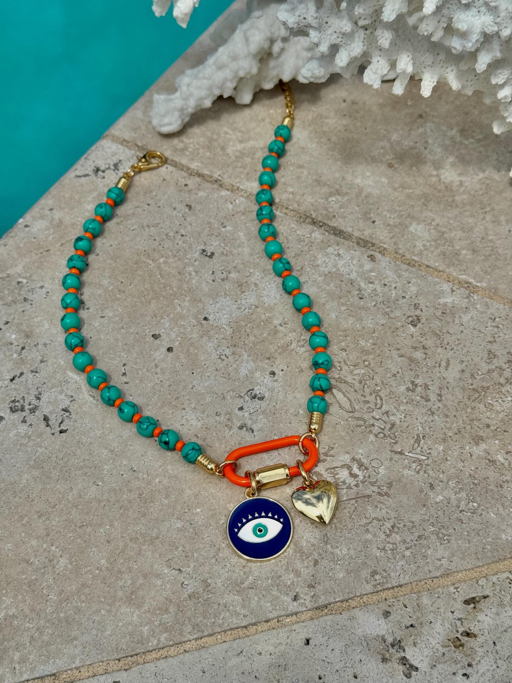 Evil Eye Carabiner Charms Necklace | Gemstone Carabiner Clasp Necklace | Colorful Beaded Summer Necklace | Gift for Her
