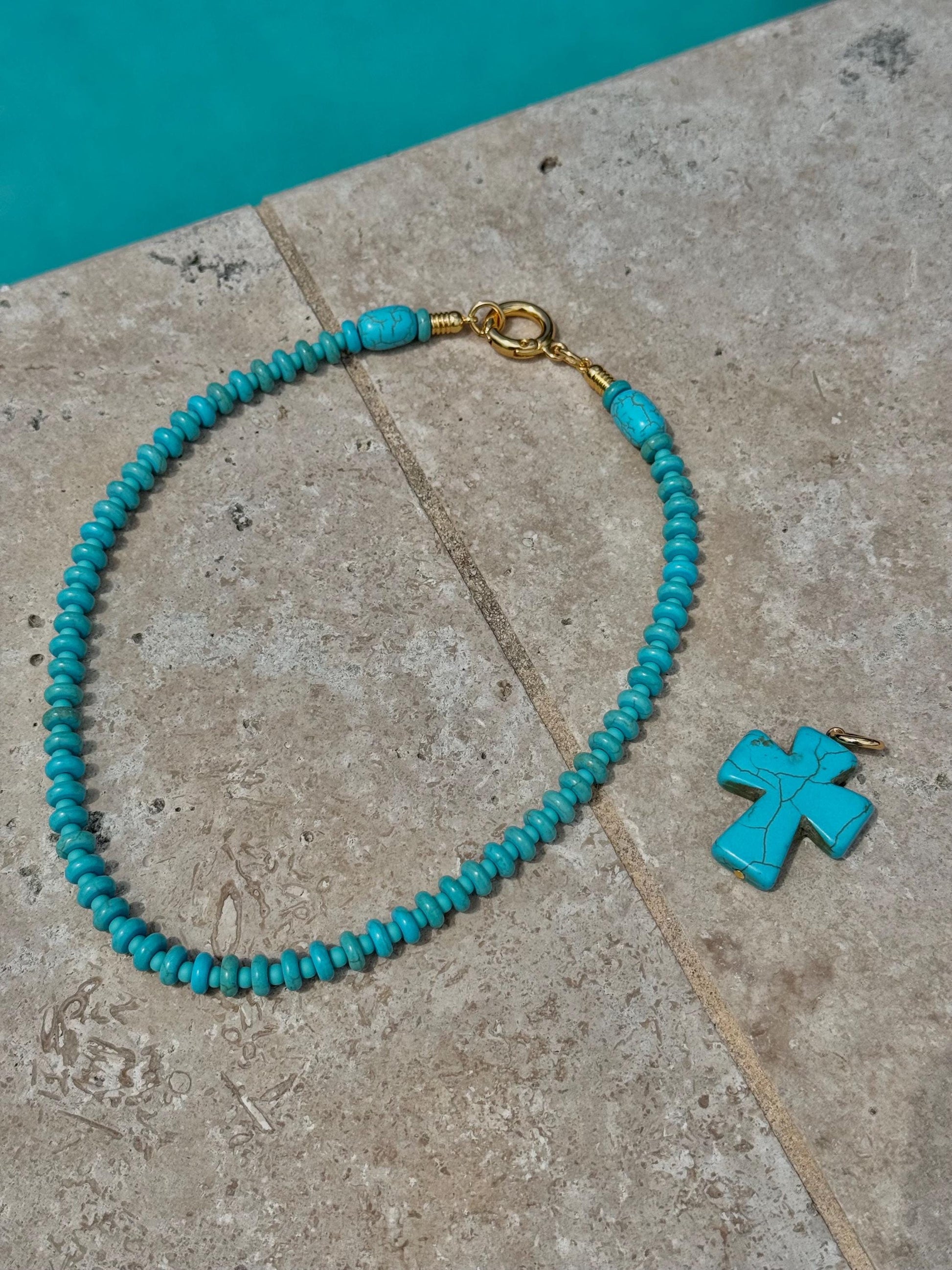18" Turquoise Cross Necklace | Beaded Necklace with Turquoise Cross | Handmade Necklace