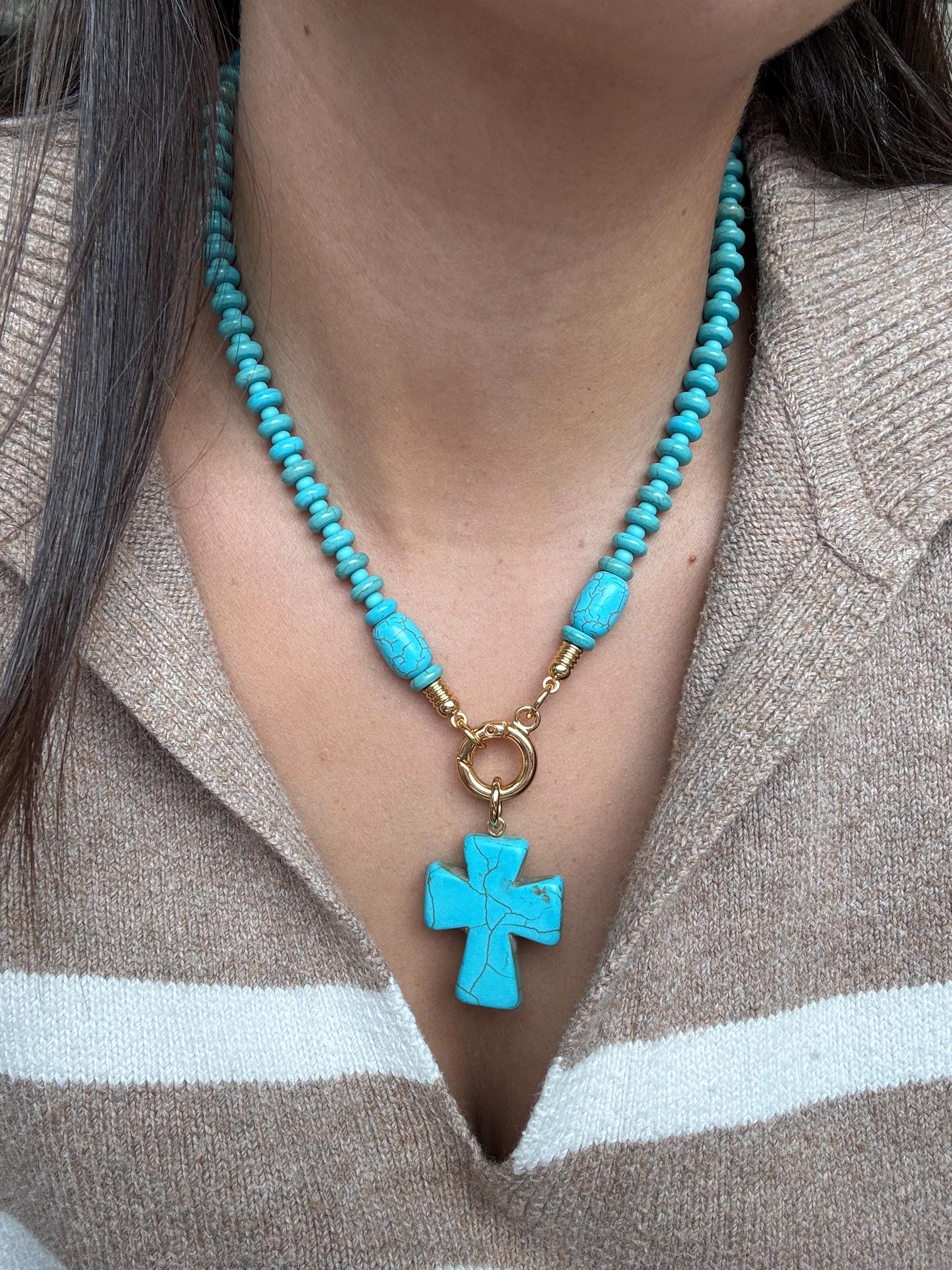 18" Turquoise Cross Necklace | Beaded Necklace with Turquoise Cross | Handmade Necklace