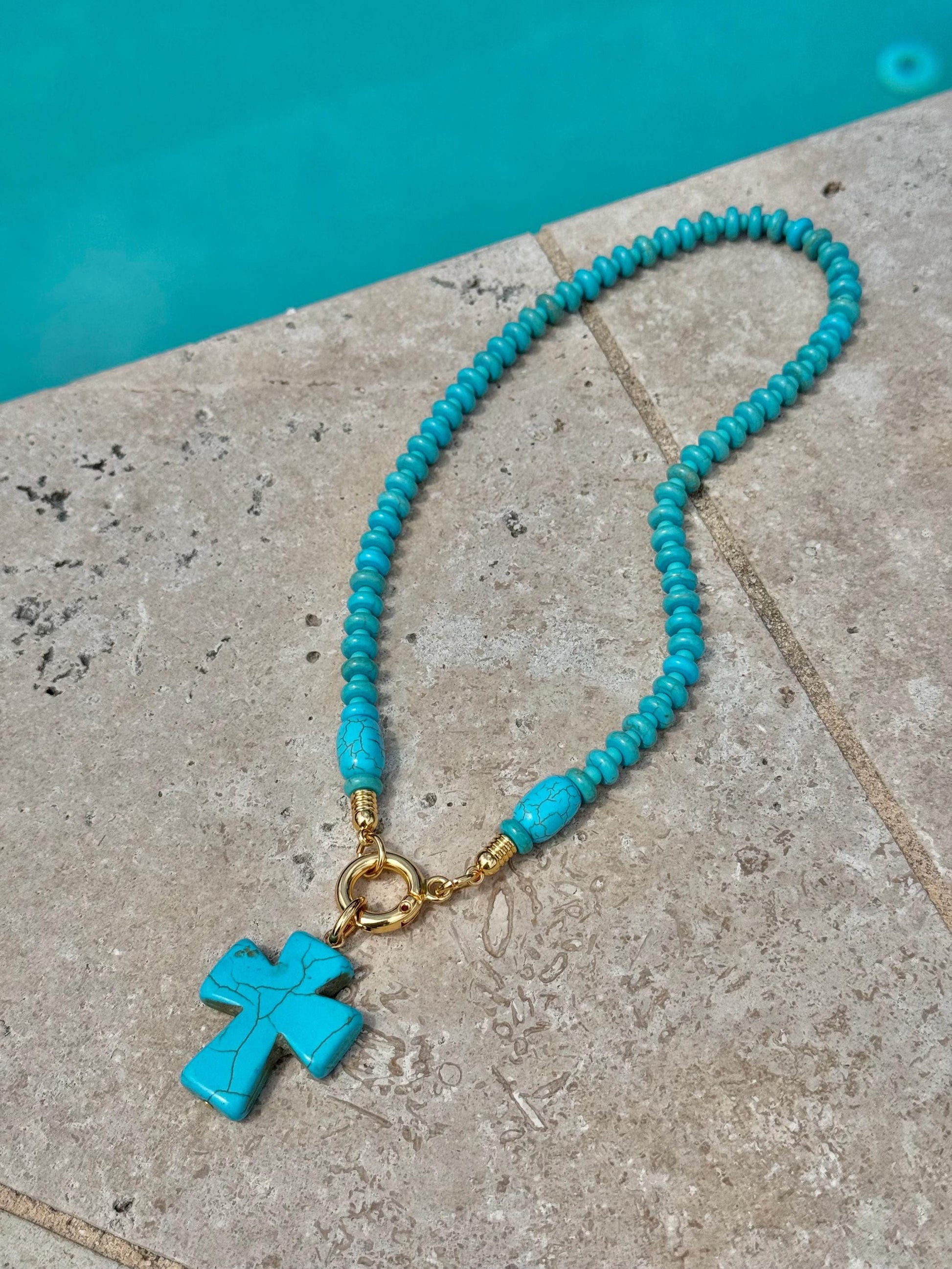 18" Turquoise Cross Necklace | Beaded Necklace with Turquoise Cross | Handmade Necklace