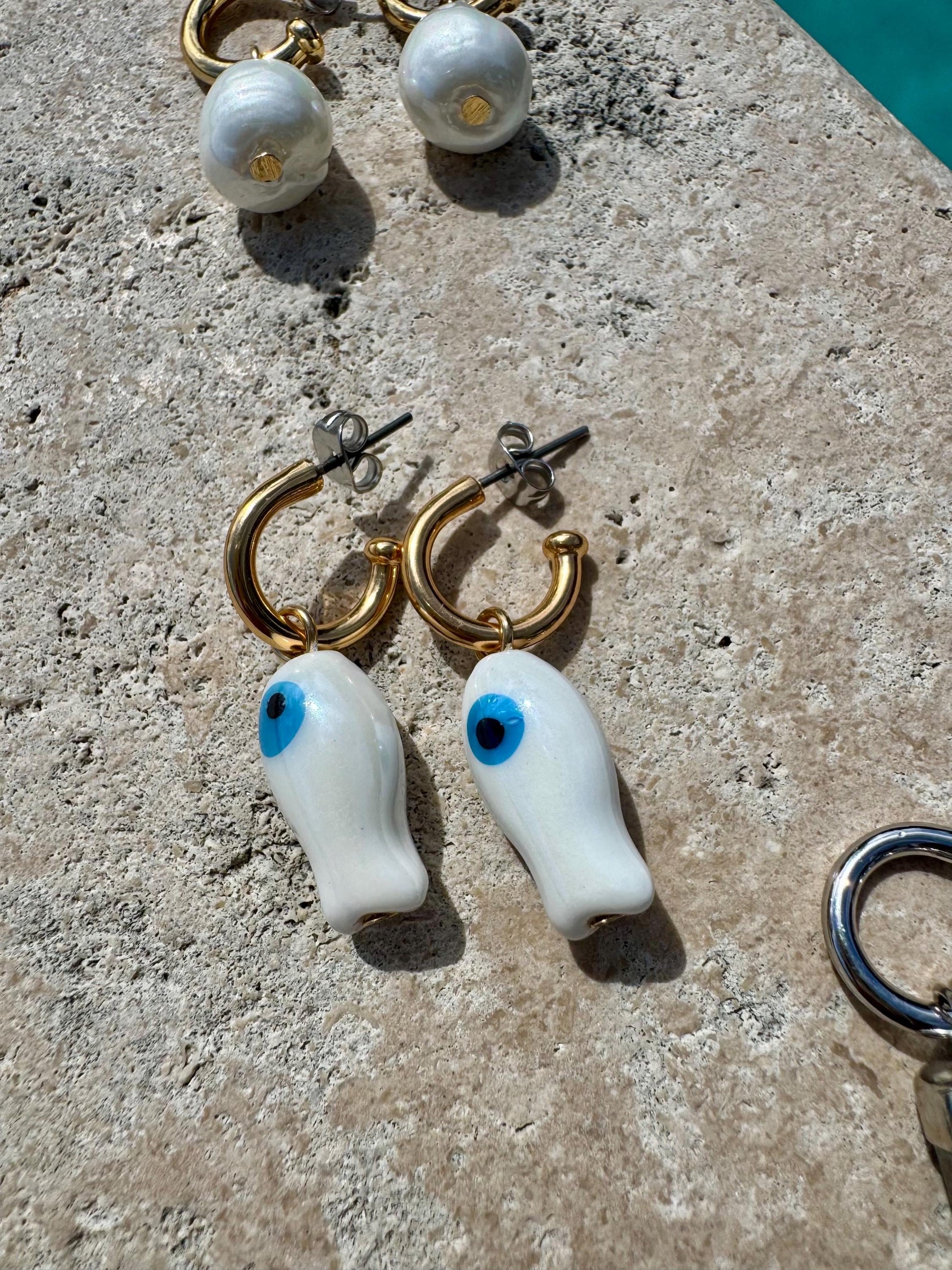 Hoop Charm Earrings | Pearl Drop Earrings | Fish Earrings | Tusk Earrings | Removable Charm Earrings