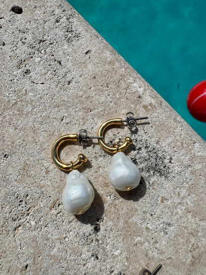 Hoop earrings with removable pearl, fish and tusk charms — handmade in Florida by AVINZIA