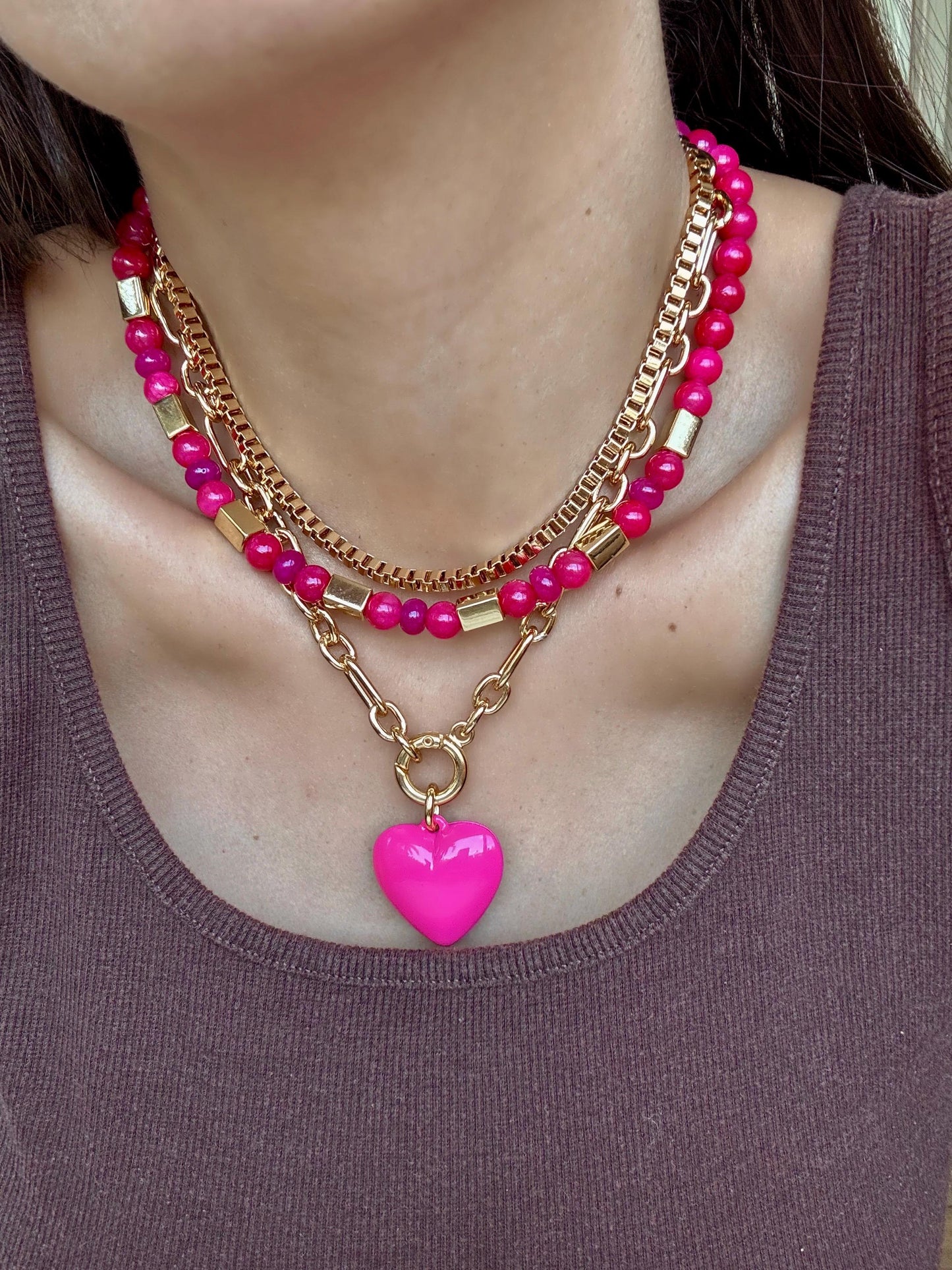 Pink Layered Necklace | Fuchsia Gemstone Necklace | Pink Puffed Heart Charm Necklace | God Boxchain Choker