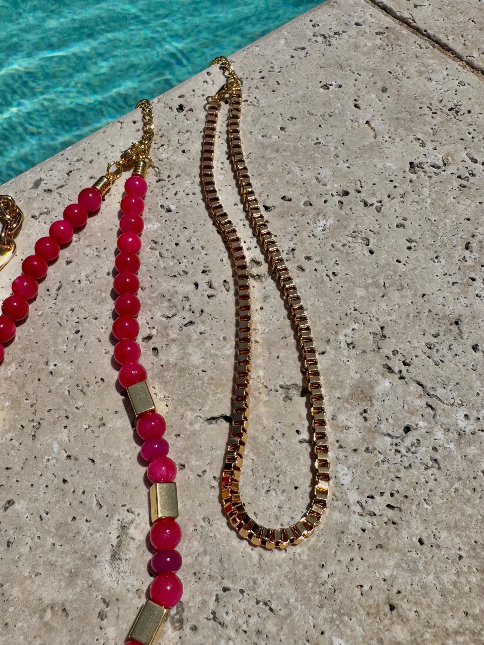 Pink Layered Necklace | Fuchsia Gemstone Necklace | Pink Puffed Heart Charm Necklace | God Boxchain Choker