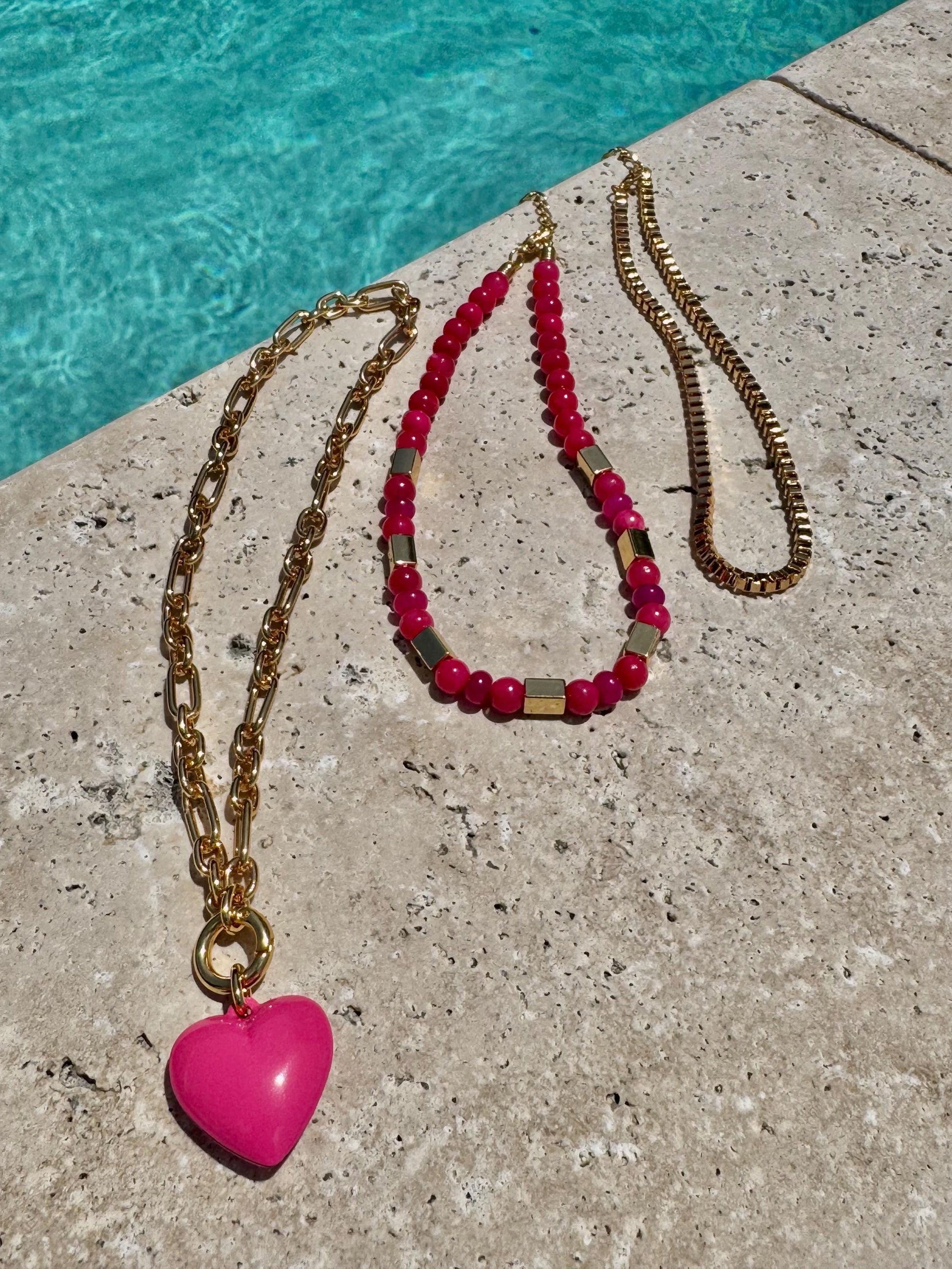 Pink Layered Necklace | Fuchsia Gemstone Necklace | Pink Puffed Heart Charm Necklace | God Boxchain Choker