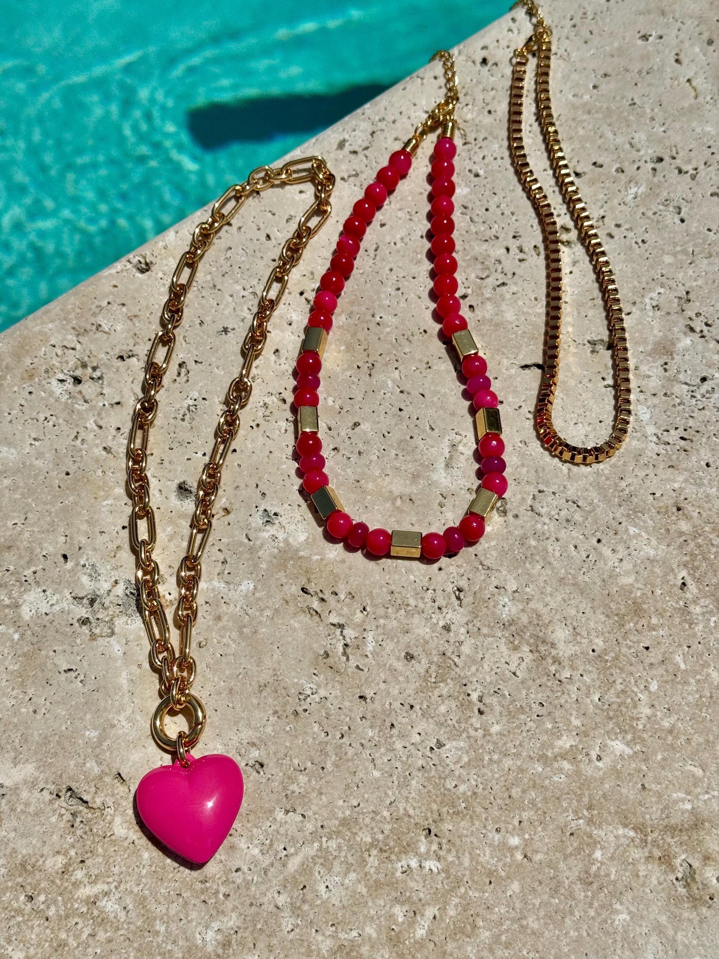 Pink Layered Necklace | Fuchsia Gemstone Necklace | Pink Puffed Heart Charm Necklace | God Boxchain Choker