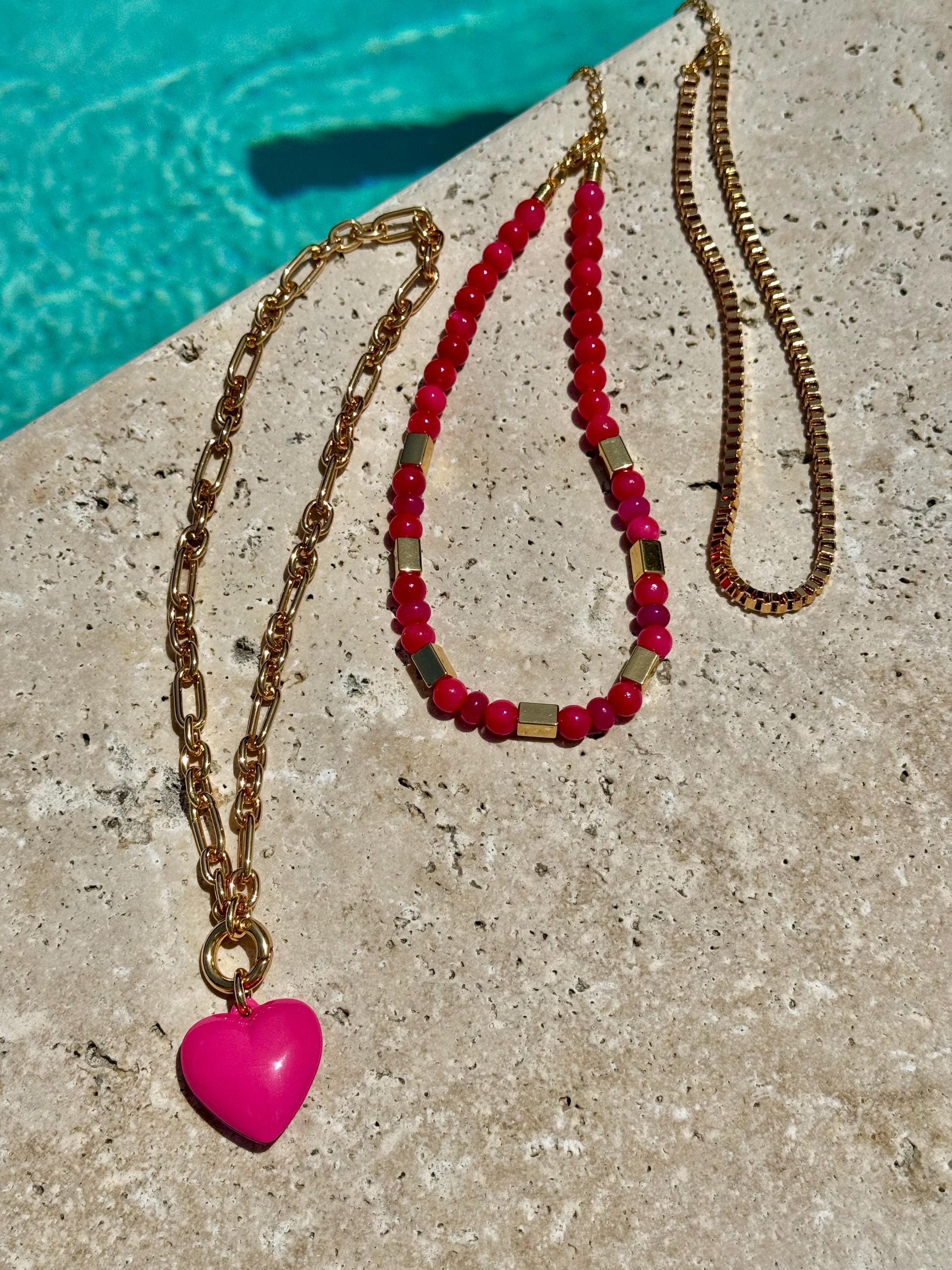 Pink Layered Necklace | Fuchsia Gemstone Necklace | Pink Puffed Heart Charm Necklace | God Boxchain Choker
