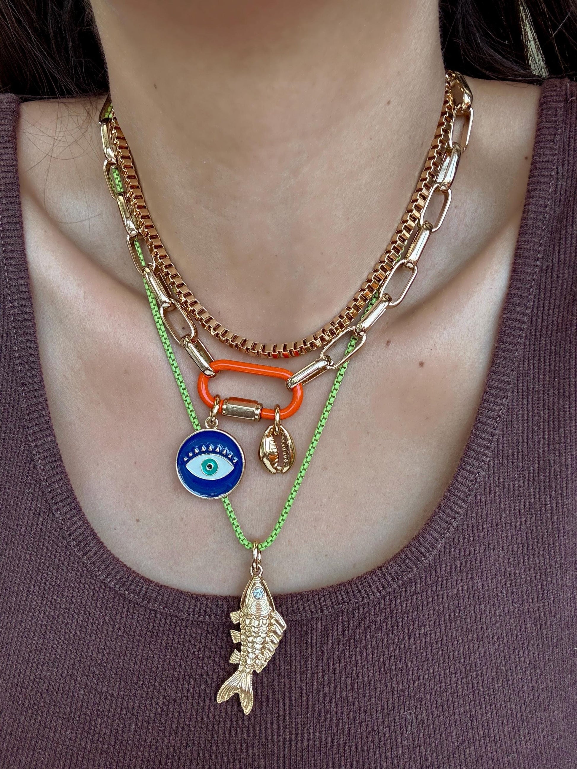 Charm Necklace | Enamel Carabiner Necklace | Gold Fish Charm Necklace | Gold Choker | Layered Necklaces | Gift for Her
