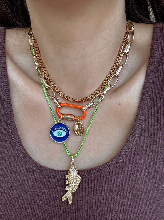 Charm Necklace | Enamel Carabiner Necklace | Gold Fish Charm Necklace | Gold Choker | Layered Necklaces | Gift for Her
