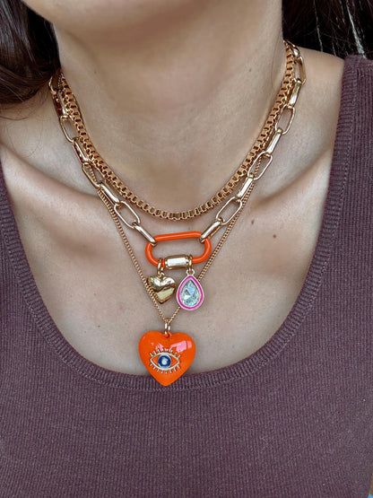 Heart charm necklace set with orange evil eye chain option by AVINZIA