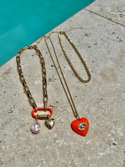 Heart charm necklace set with orange evil eye chain option — AVINZIA handmade jewelry