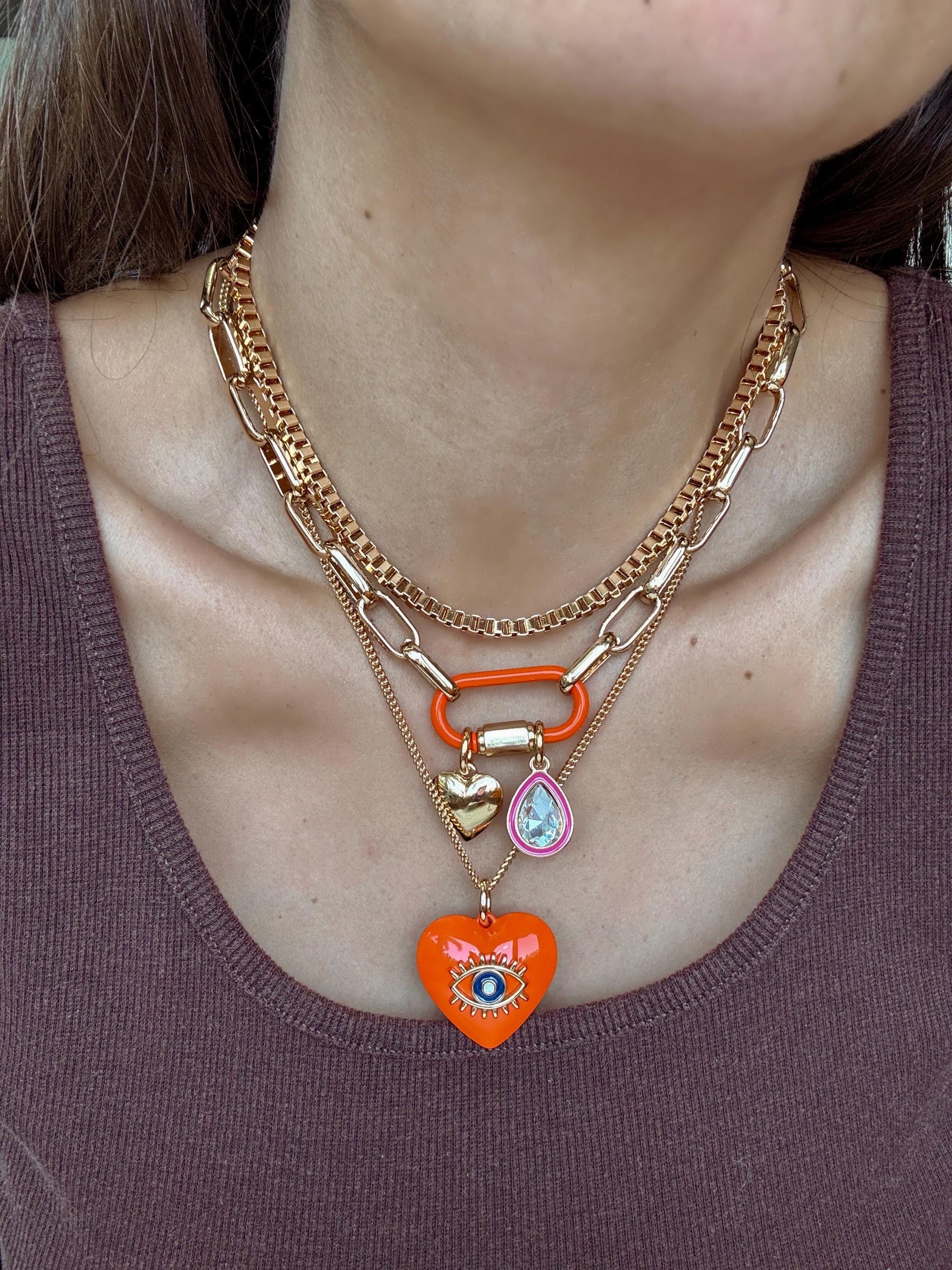 Heart Charm Necklace | Evil Eye Necklace Enamel Carabiner Necklace | Gold Fish Charm Necklace | Gold Choker | Layered Necklaces | Gift for H