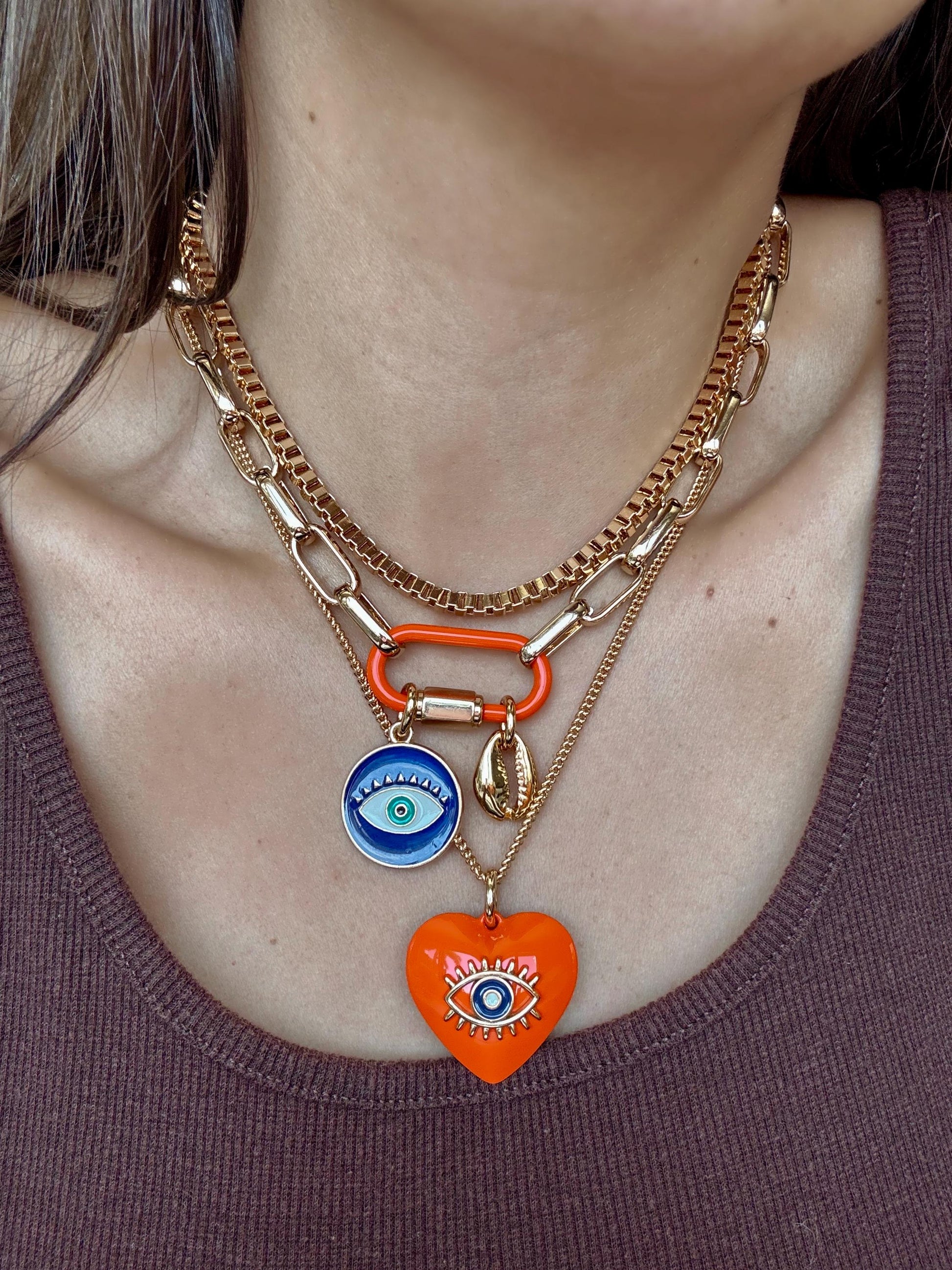 Evil Eye Charm Necklace | Enamel Carabiner Necklace | Gold Cowrie Charm Necklace | Gold Choker | Layered Necklaces | Gift for Her