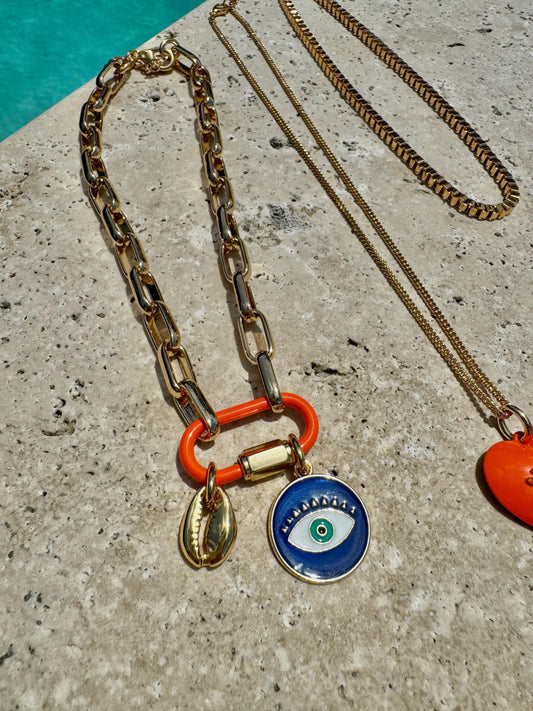 Evil Eye Charm Necklace | Enamel Carabiner Necklace | Gold Cowrie Charm Necklace | Gold Choker | Layered Necklaces | Gift for Her