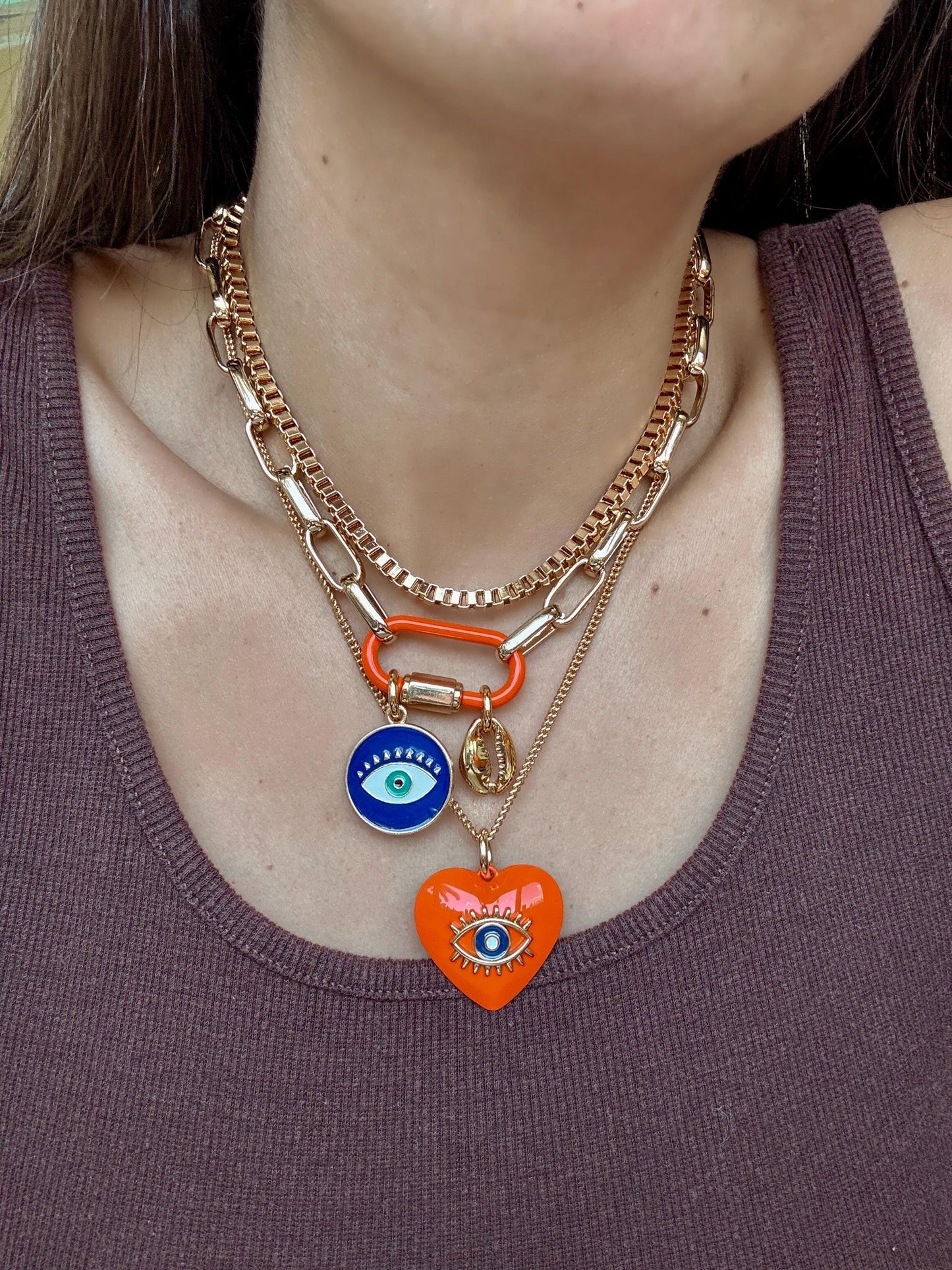 Evil Eye Charm Necklace | Enamel Carabiner Necklace | Gold Cowrie Charm Necklace | Gold Choker | Layered Necklaces | Gift for Her