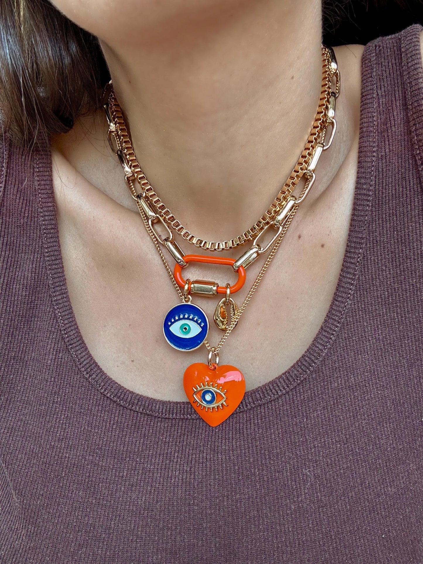 Evil Eye Charm Necklace | Enamel Carabiner Necklace | Gold Cowrie Charm Necklace | Gold Choker | Layered Necklaces | Gift for Her