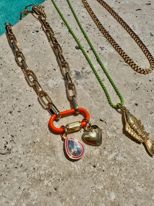 Heart Charm Necklace| Carabiner Necklace Enamel Carabiner Necklace | Gold Fish Charm Necklace | Gold Choker | Layered Necklaces | Gift for H