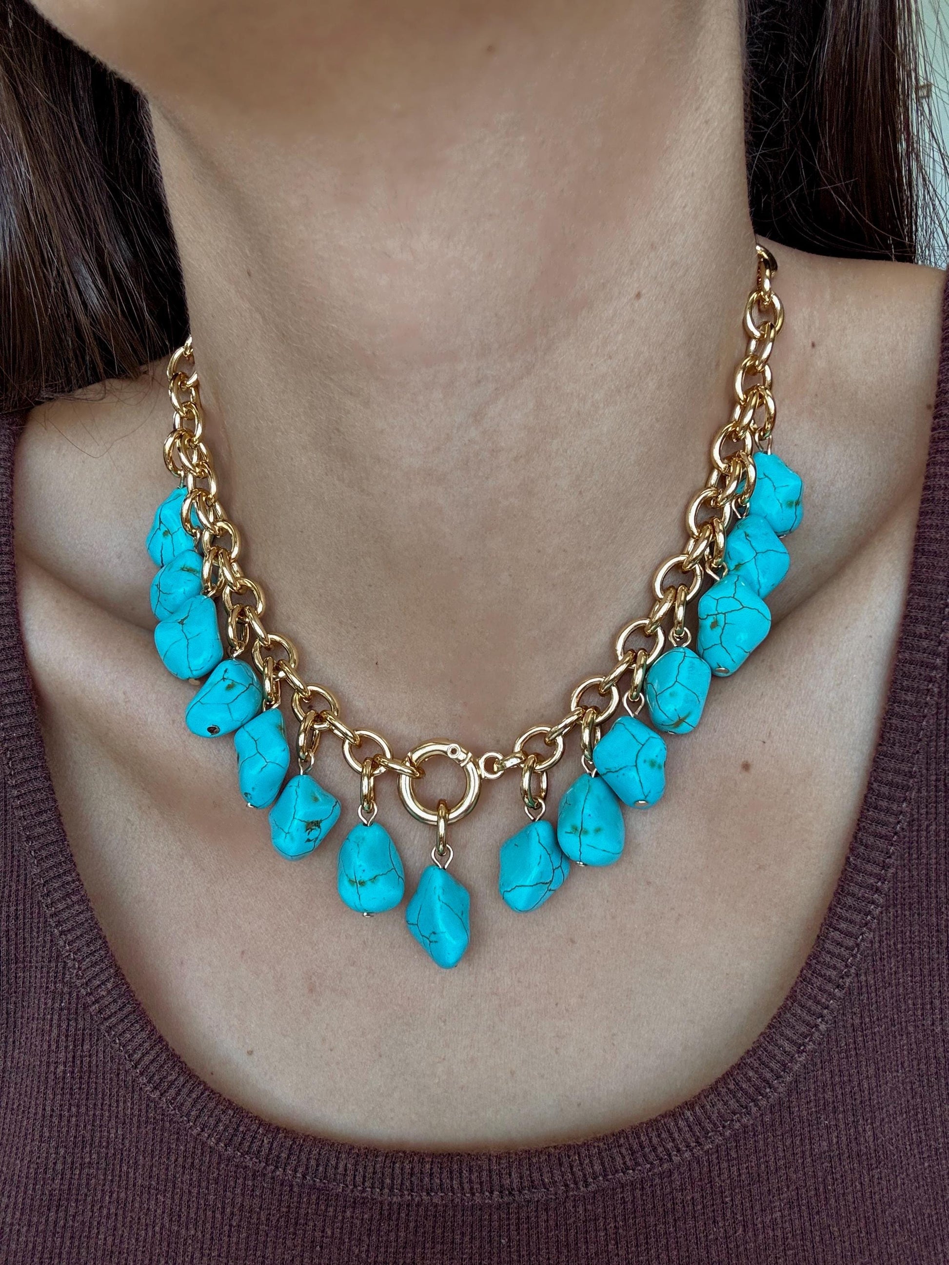 Turquoise Heart Lock Necklace | Convertible Charm Necklace | Link Chain Necklace with Turquoise Nugget Beads | Cluster Charm Necklace