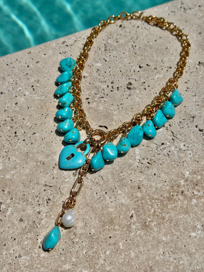 Turquoise bead necklace with heart lock charm by AVINZIA
