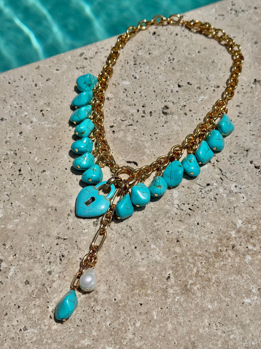 Turquoise Heart Lock Necklace | Convertible Charm Necklace | Link Chain Necklace with Turquoise Nugget Beads | Cluster Charm Necklace