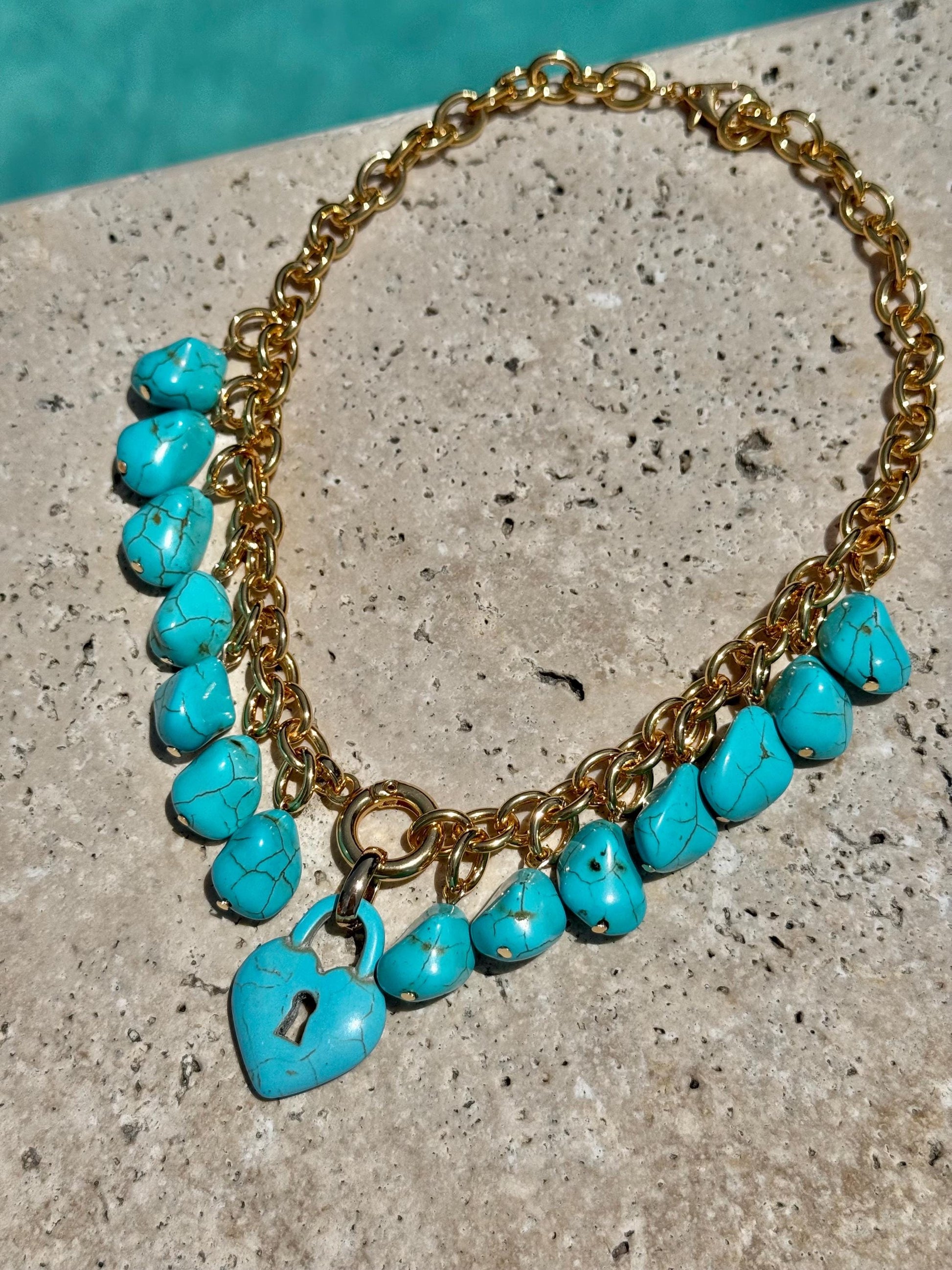 Turquoise Heart Lock Necklace | Convertible Charm Necklace | Link Chain Necklace with Turquoise Nugget Beads | Cluster Charm Necklace