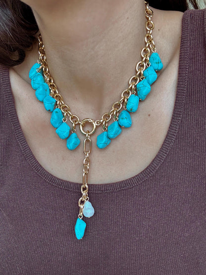Turquoise bead necklace with heart lock charm — handmade in Florida by AVINZIA