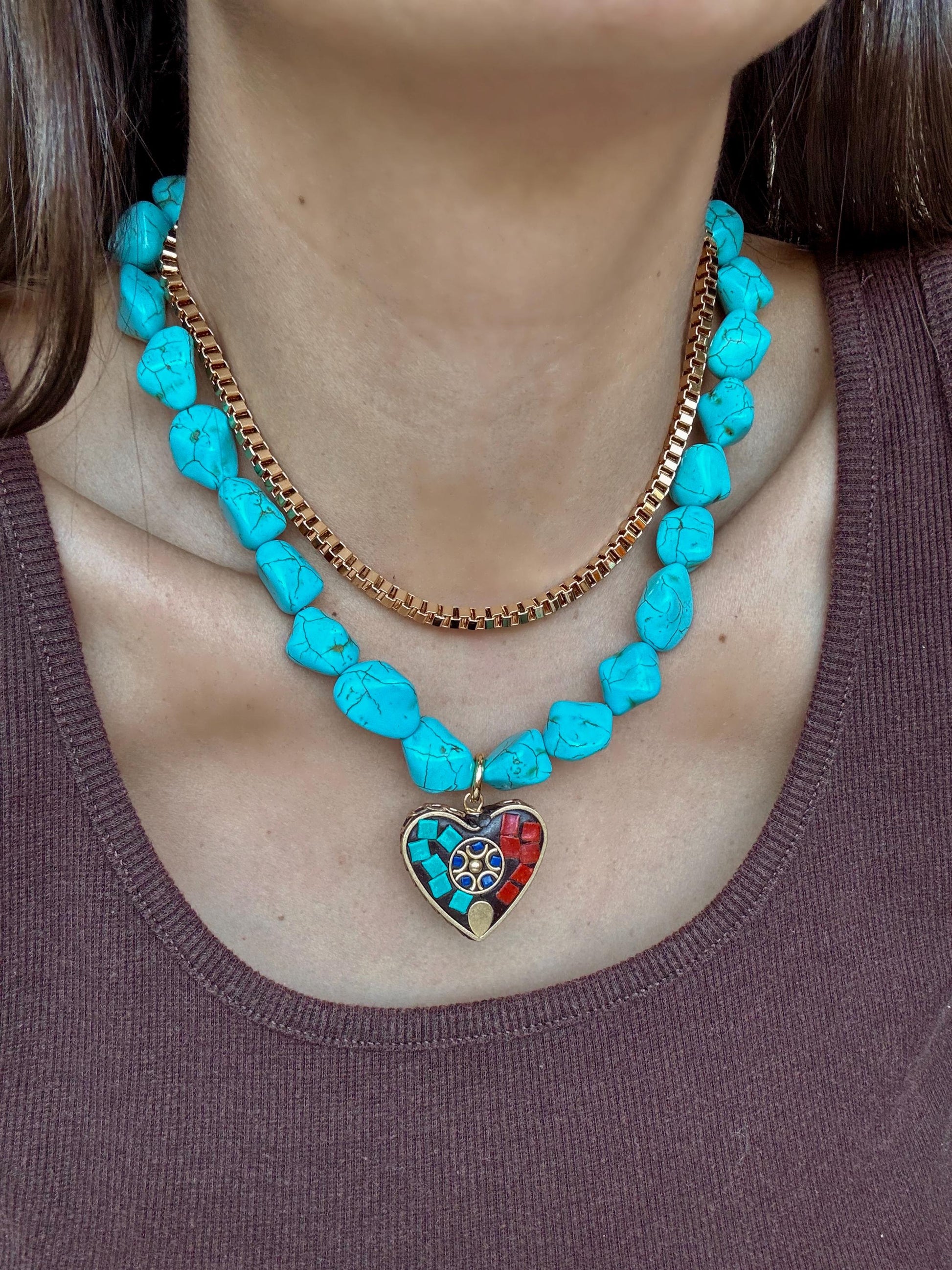 Turquoise Heart Mosaic Necklace | Turquoise Nugget Necklace | Beaded Necklace | Handmade Jewelry | Boho Necklace