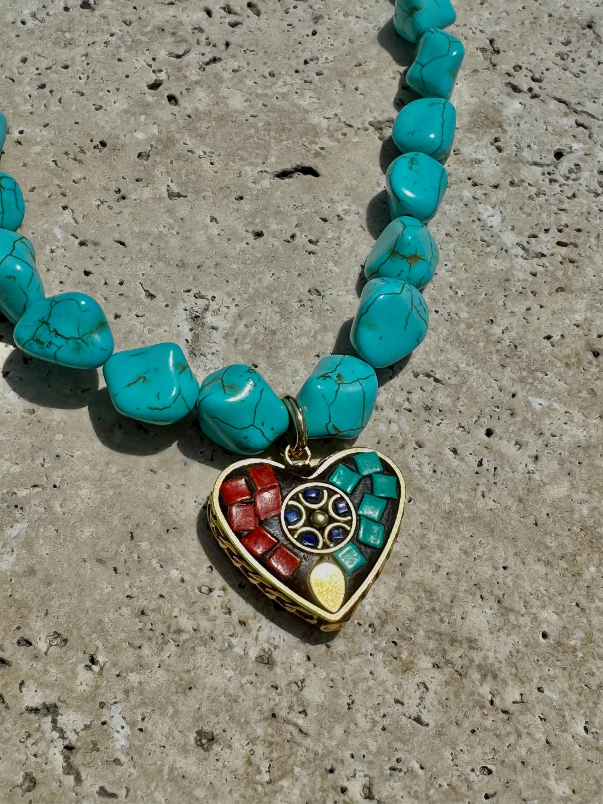 Turquoise Heart Mosaic Necklace | Turquoise Nugget Necklace | Beaded Necklace | Handmade Jewelry | Boho Necklace