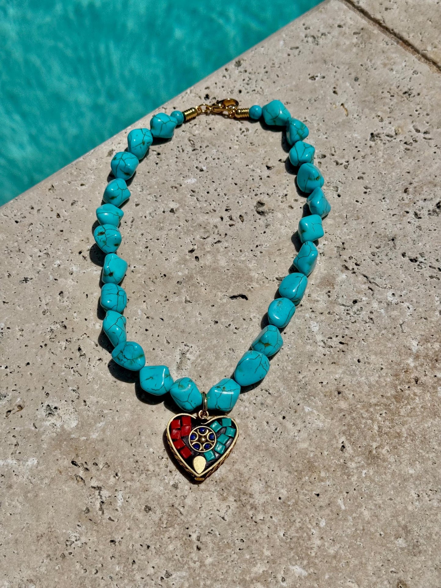Turquoise Heart Mosaic Necklace | Turquoise Nugget Necklace | Beaded Necklace | Handmade Jewelry | Boho Necklace