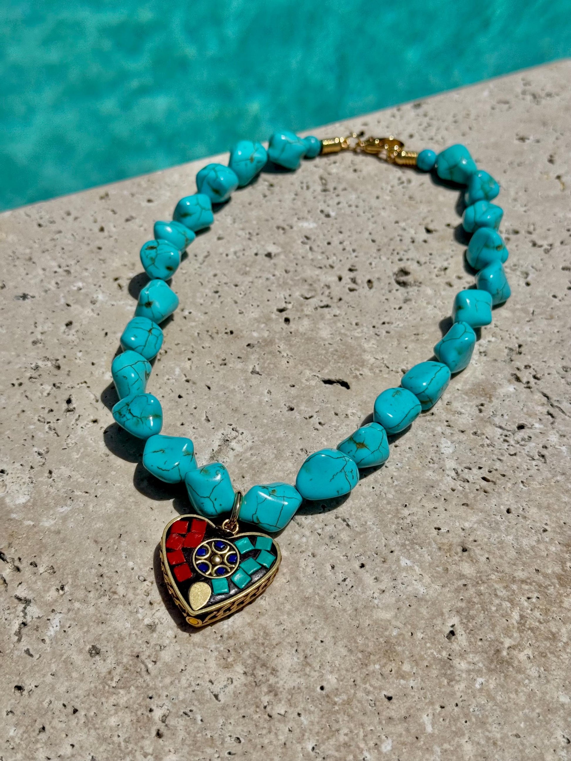 Turquoise Heart Mosaic Necklace | Turquoise Nugget Necklace | Beaded Necklace | Handmade Jewelry | Boho Necklace