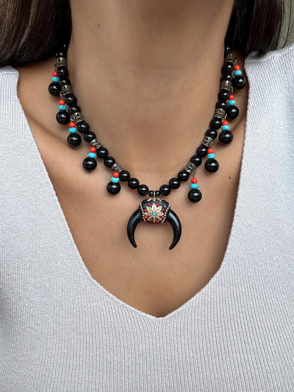 Black obsidian beaded necklace with crescent moon charm — AVINZIA handmade jewelry