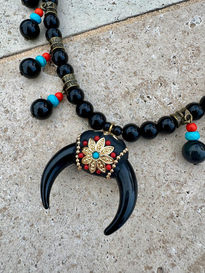 Black obsidian beaded necklace with crescent moon charm — handmade in Florida by AVINZIA