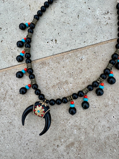 Black obsidian beaded necklace with crescent moon charm — handmade in Florida by AVINZIA