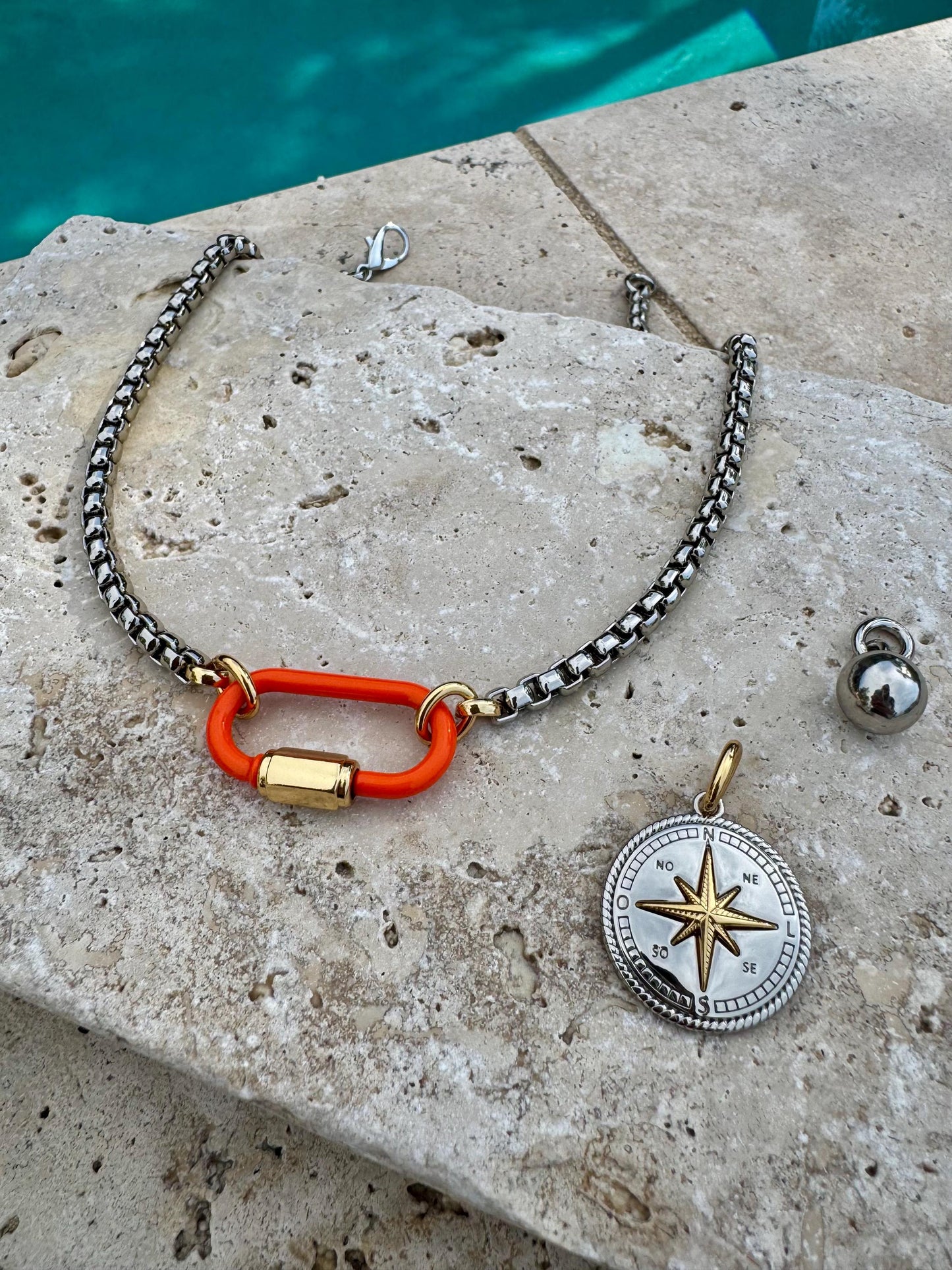 Orange Carabiner Clasp Necklace | Mixed Metals Charm Necklace | Custom Charm Necklace | Silver Boxchain Necklace
