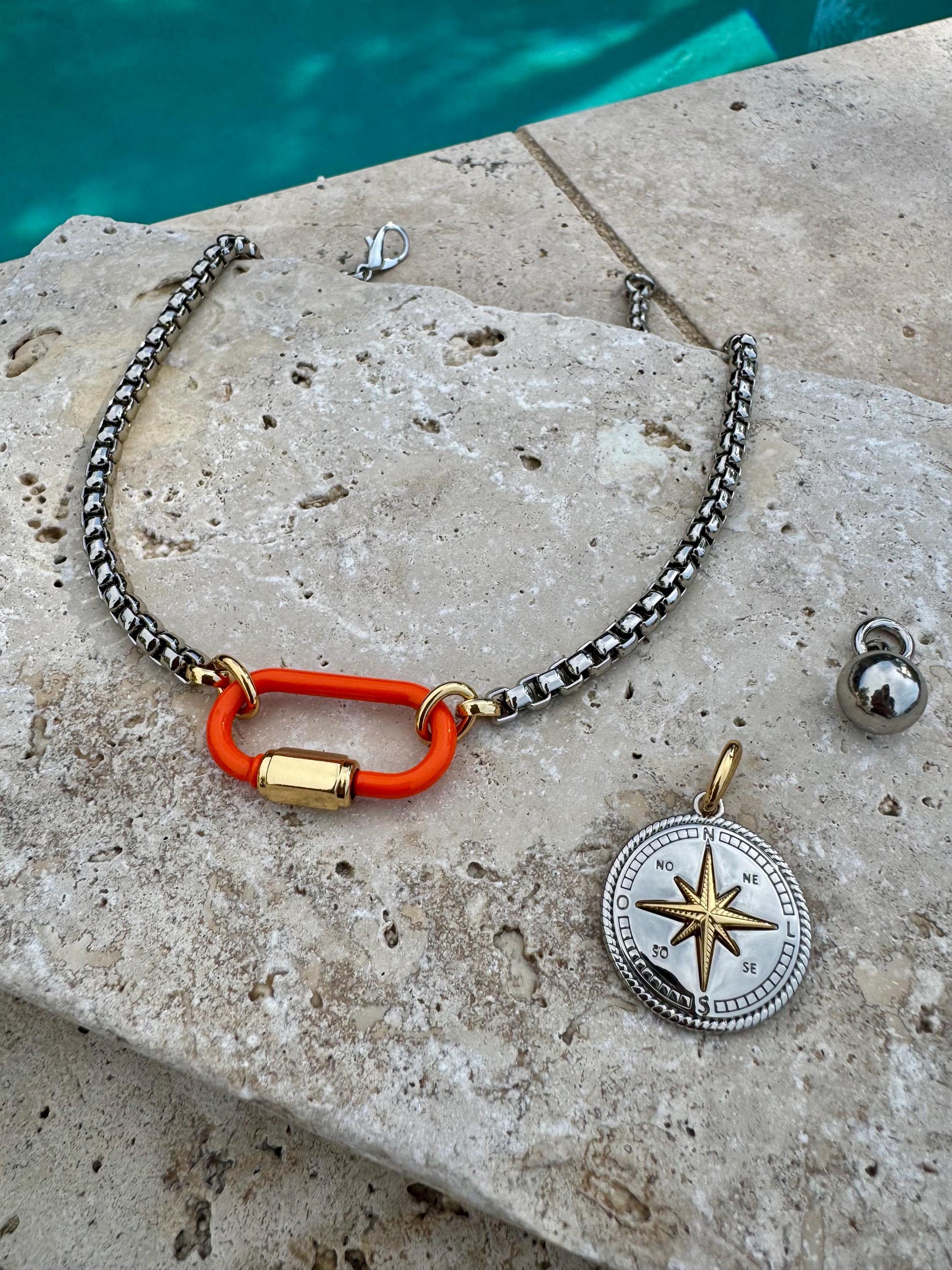 Orange Carabiner Clasp Necklace | Mixed Metals Charm Necklace | Custom Charm Necklace | Silver Boxchain Necklace