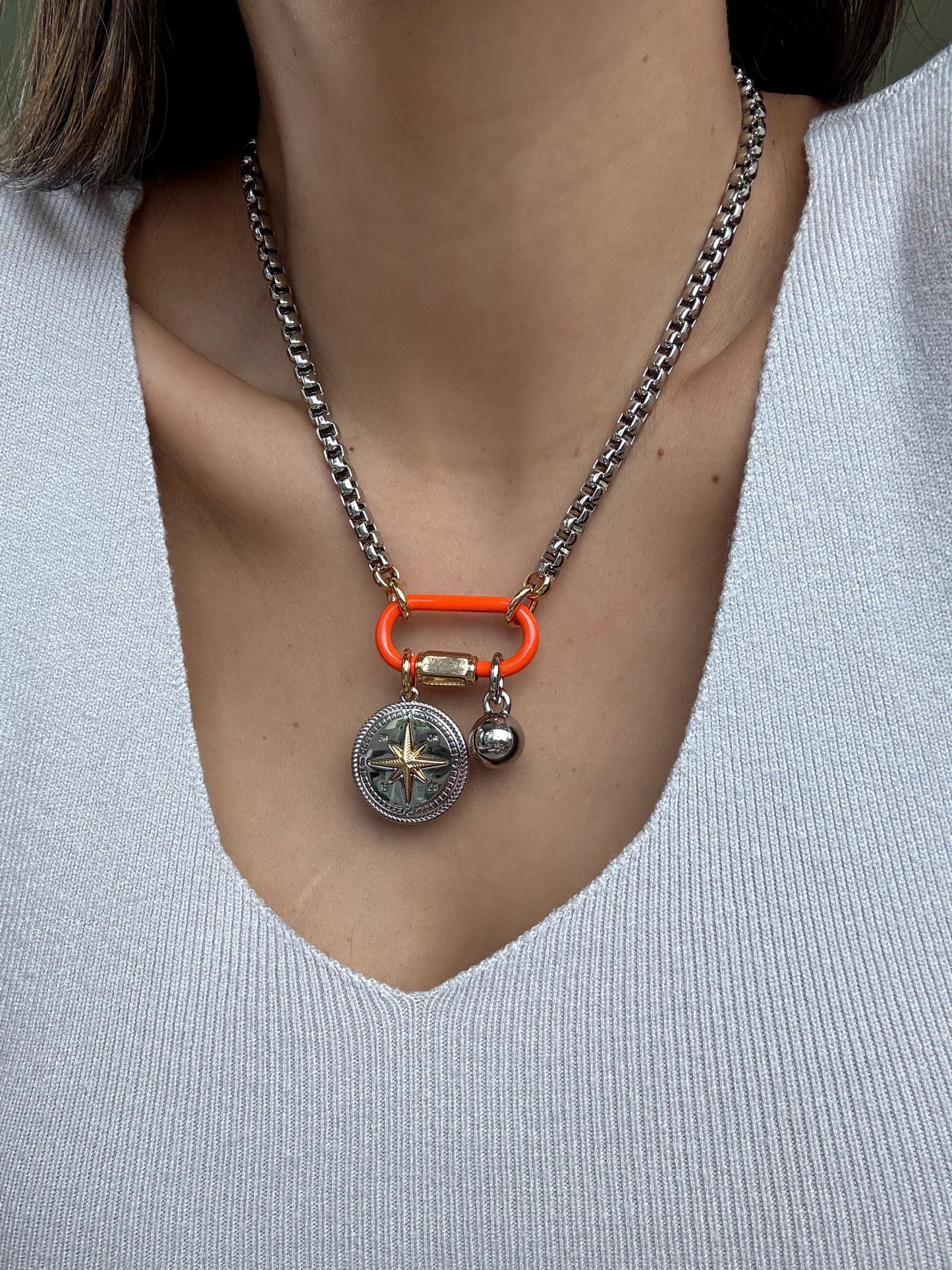Orange Carabiner Clasp Necklace | Mixed Metals Charm Necklace | Custom Charm Necklace | Silver Boxchain Necklace