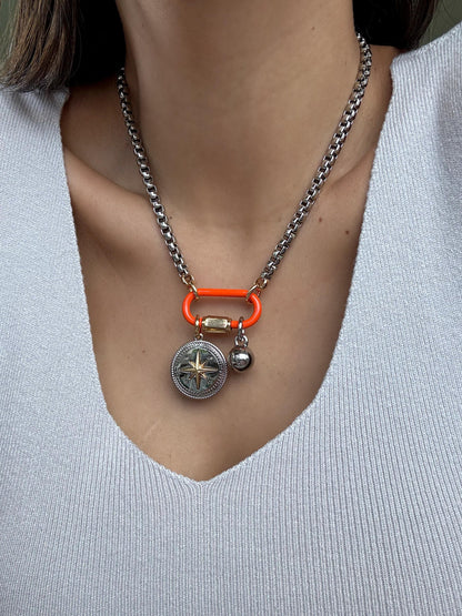 Orange carabiner clasp necklace with silver boxchain — handmade in Florida by AVINZIA