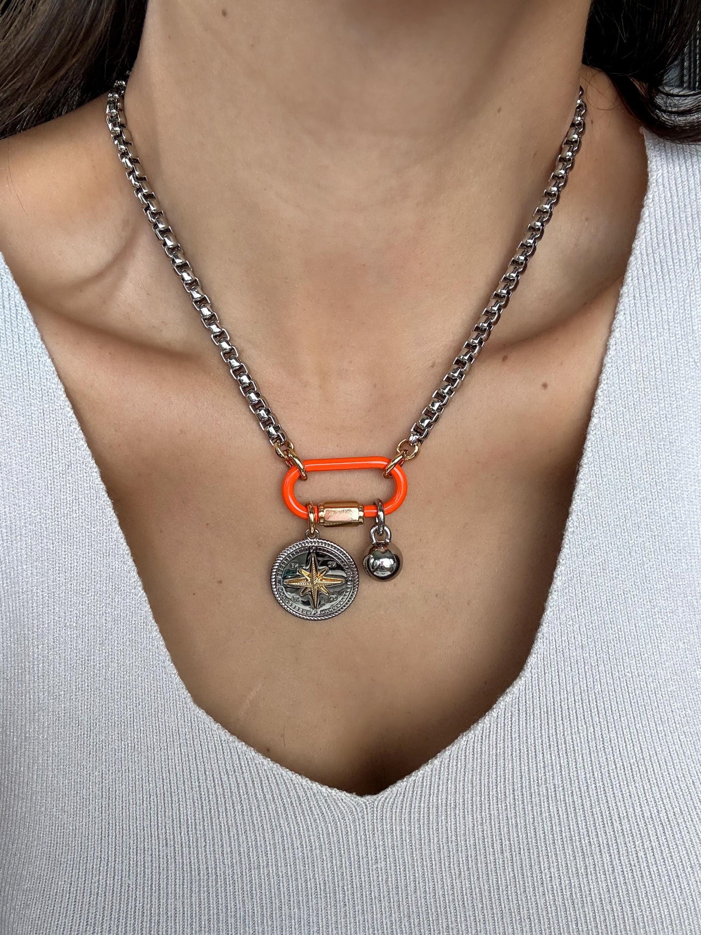 Orange Carabiner Clasp Necklace | Mixed Metals Charm Necklace | Custom Charm Necklace | Silver Boxchain Necklace