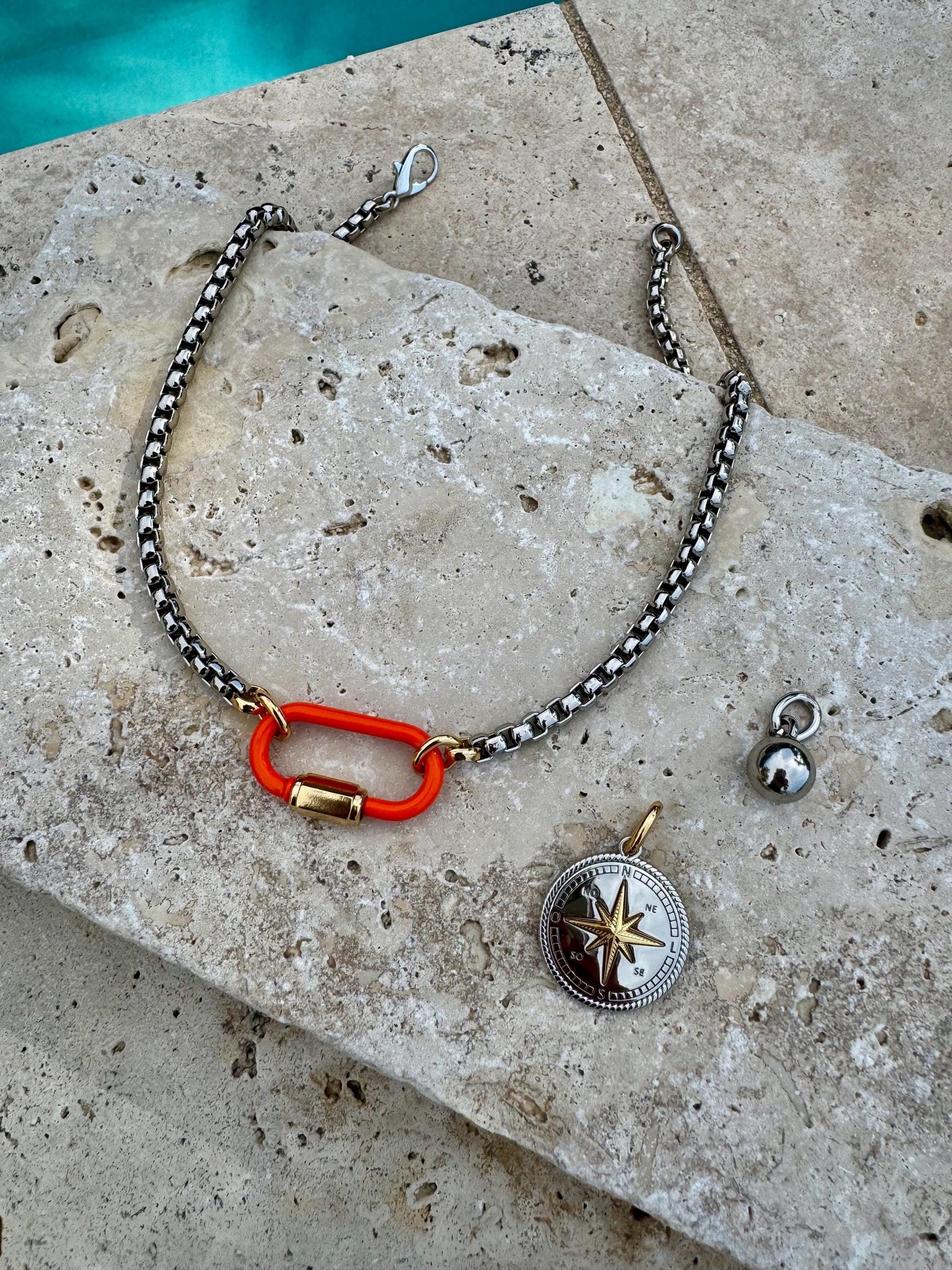 Orange Carabiner Clasp Necklace | Mixed Metals Charm Necklace | Custom Charm Necklace | Silver Boxchain Necklace