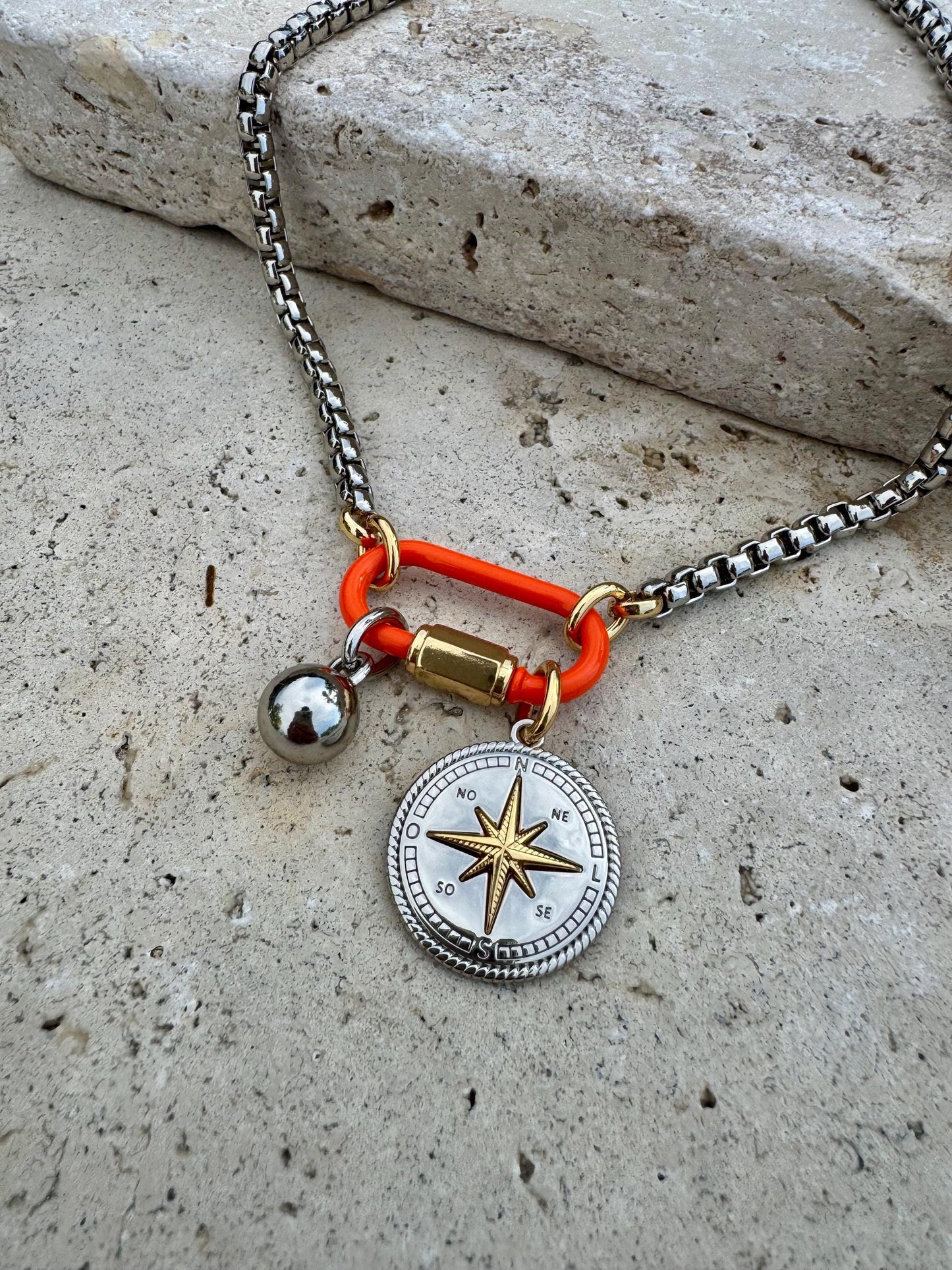 Orange Carabiner Clasp Necklace | Mixed Metals Charm Necklace | Custom Charm Necklace | Silver Boxchain Necklace