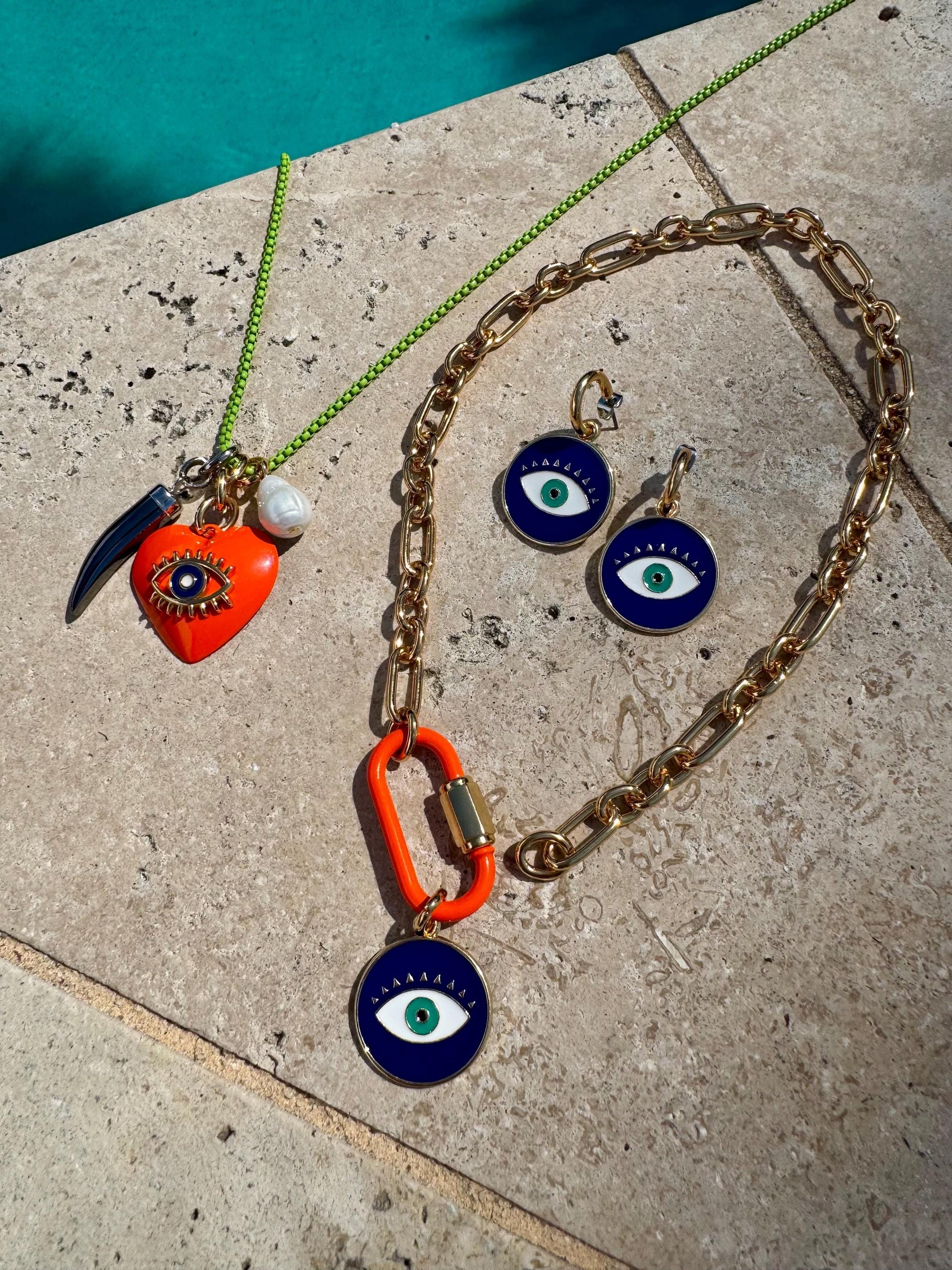 Evil Eye Hoop Earrings | Colorful Jewelry for Summer | Gift for Her | Carabiner Necklace | Enamel Jewelry