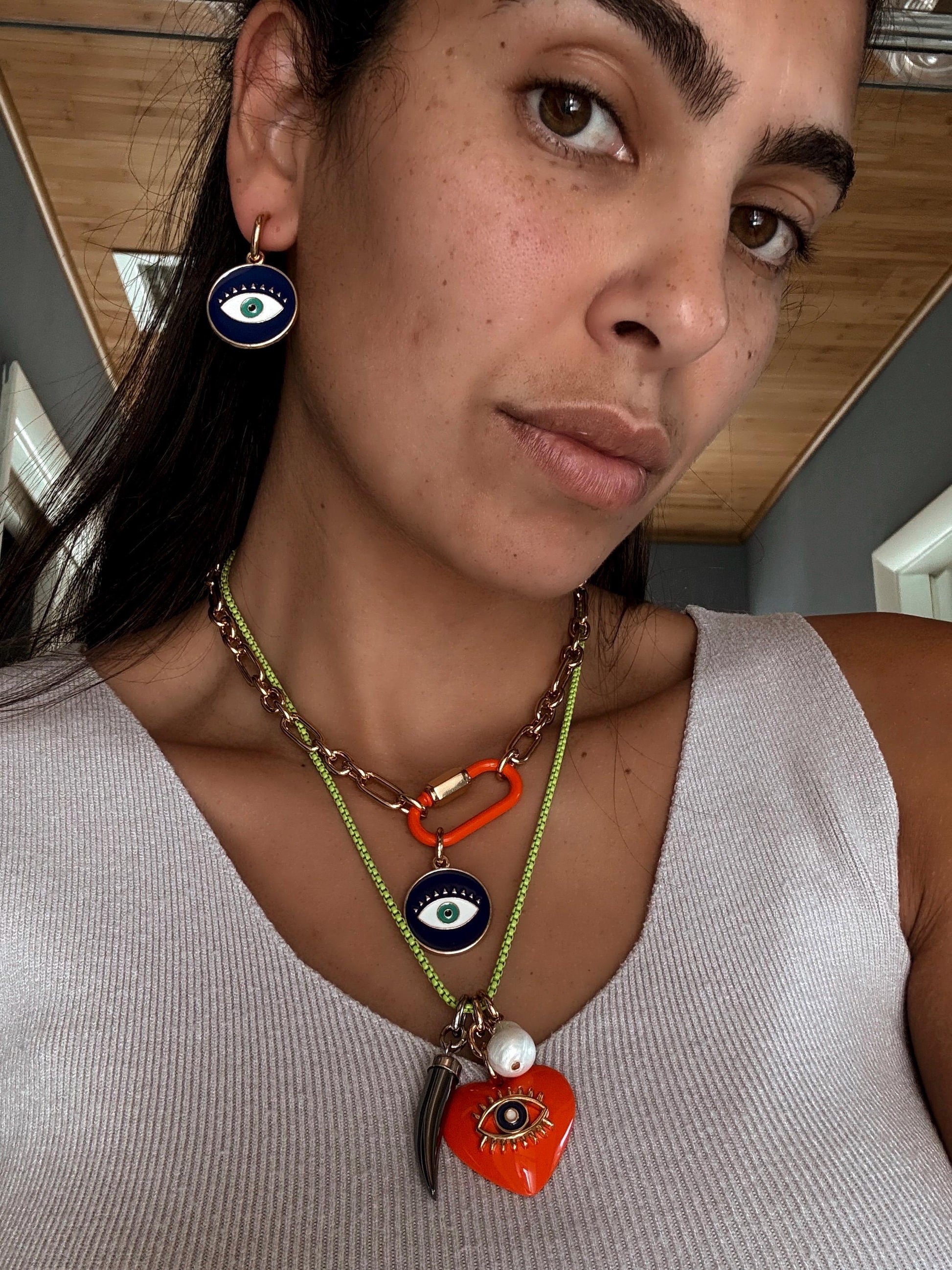 Evil Eye Hoop Earrings | Colorful Jewelry for Summer | Gift for Her | Carabiner Necklace | Enamel Jewelry