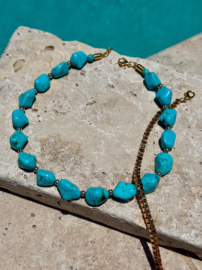 Turquoise beaded necklace with tusk chain by AVINZIA — handmade coastal jewelry