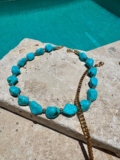 Turquoise beaded necklace with tusk chain — handmade in Florida by AVINZIA