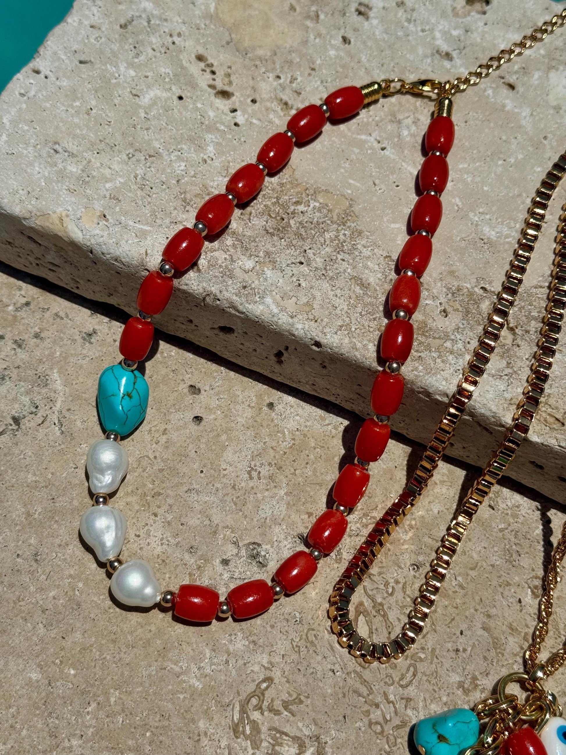 Bohemian Layered Necklace | Barrel Bamboo Choker | Nepalese Tusk Charm Chain | Gold Boxchain Choker