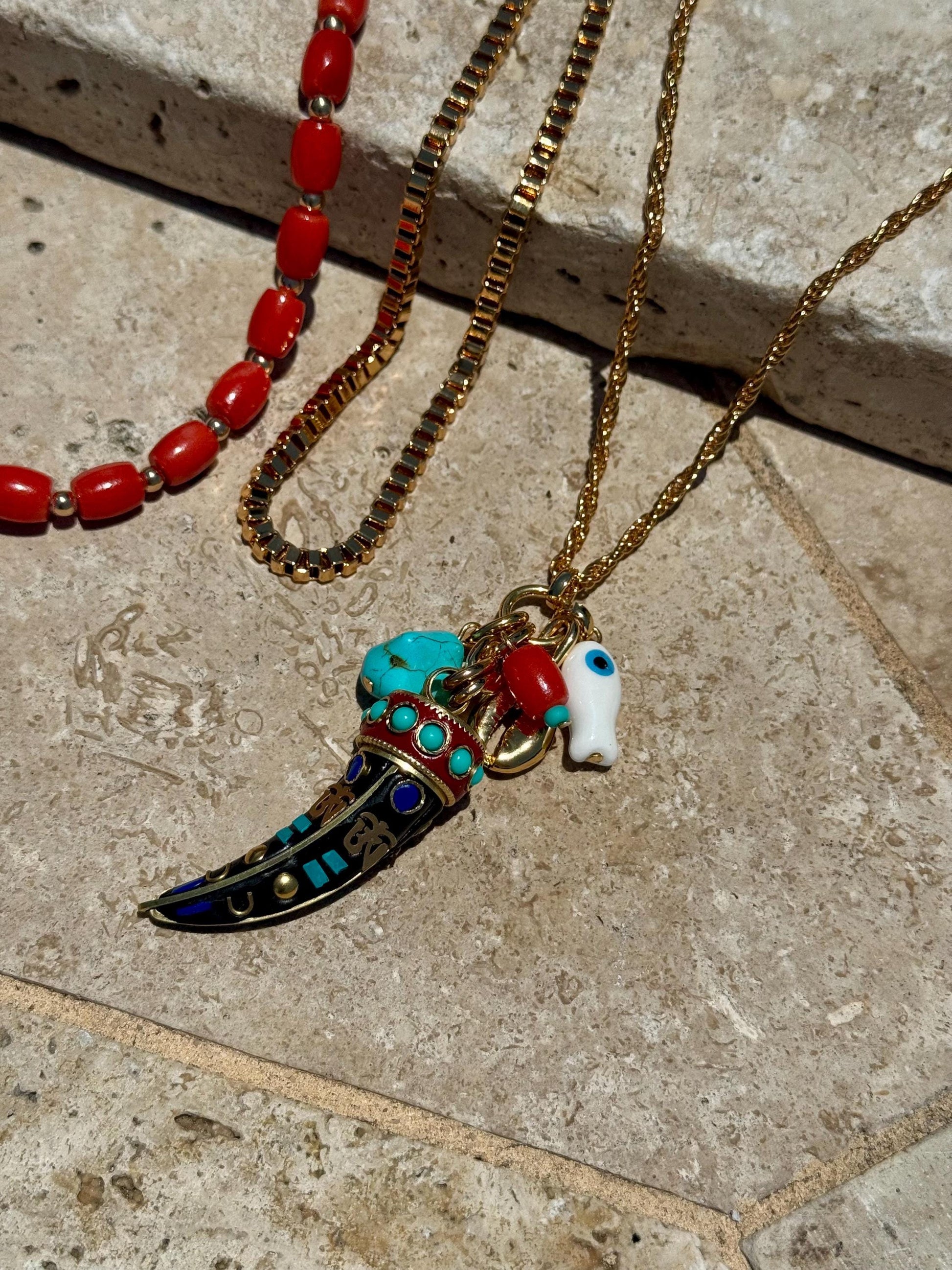 Bohemian Layered Necklace | Barrel Bamboo Choker | Nepalese Tusk Charm Chain | Gold Boxchain Choker