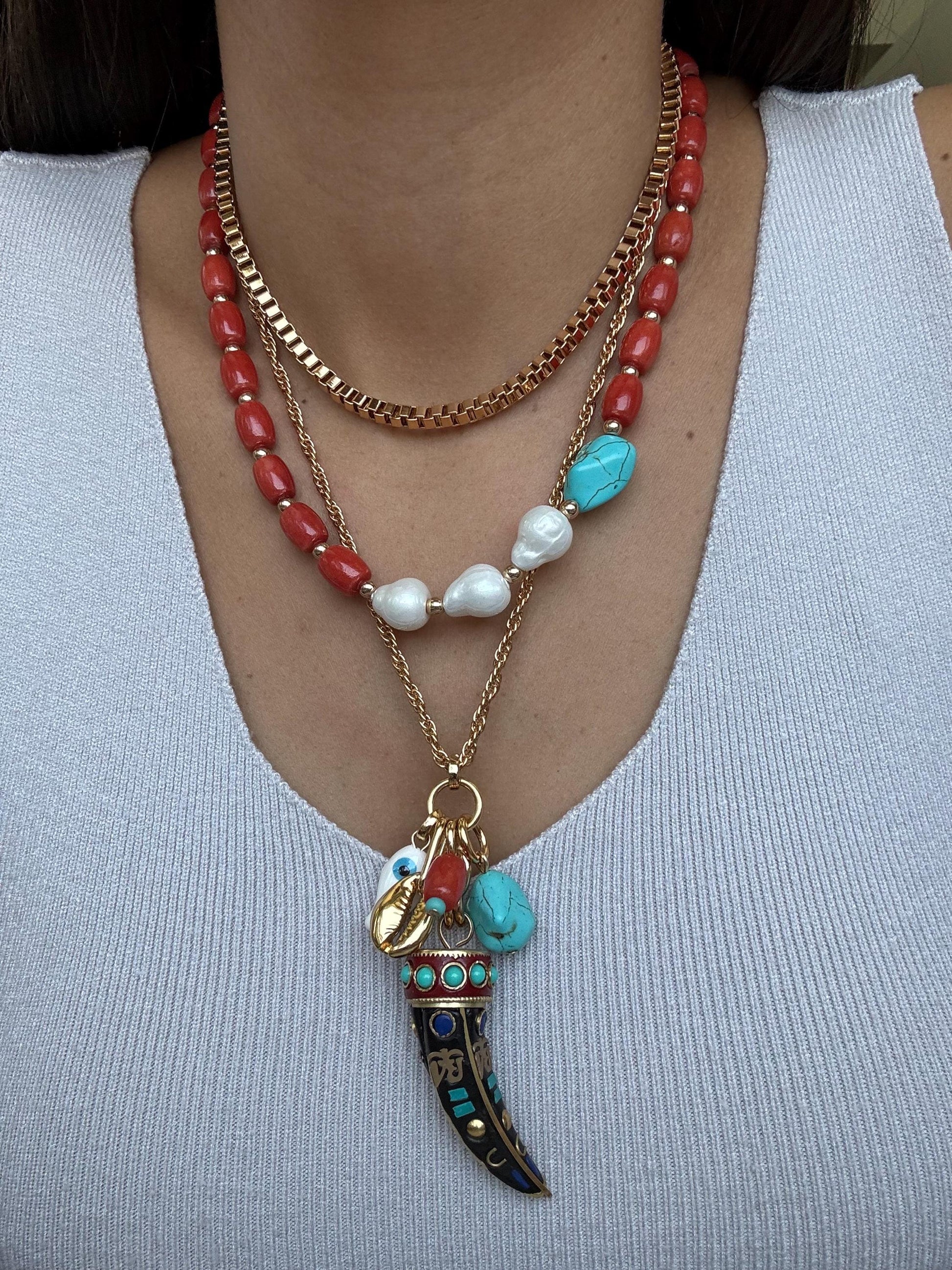 Bohemian Layered Necklace | Barrel Bamboo Choker | Nepalese Tusk Charm Chain | Gold Boxchain Choker