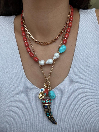 Bohemian layered necklace set with tusk charm chain — handmade in Florida by AVINZIA